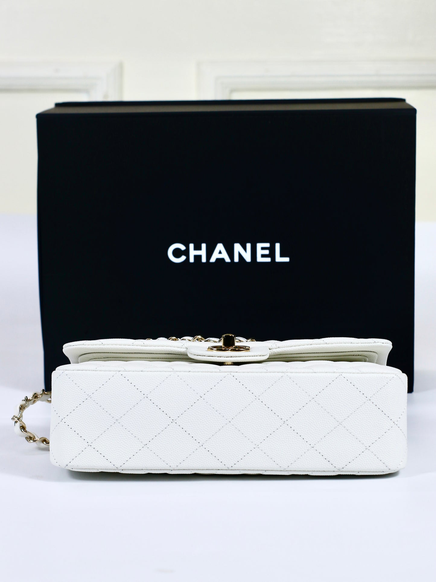 Classic Flap Small – White Caviar with Light Gold Hardware (Microchipped)