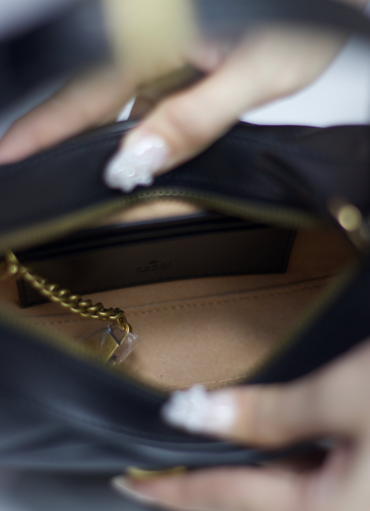 GG Marmont Mini Moon Bag – Black Leather with Antique Gold Hard