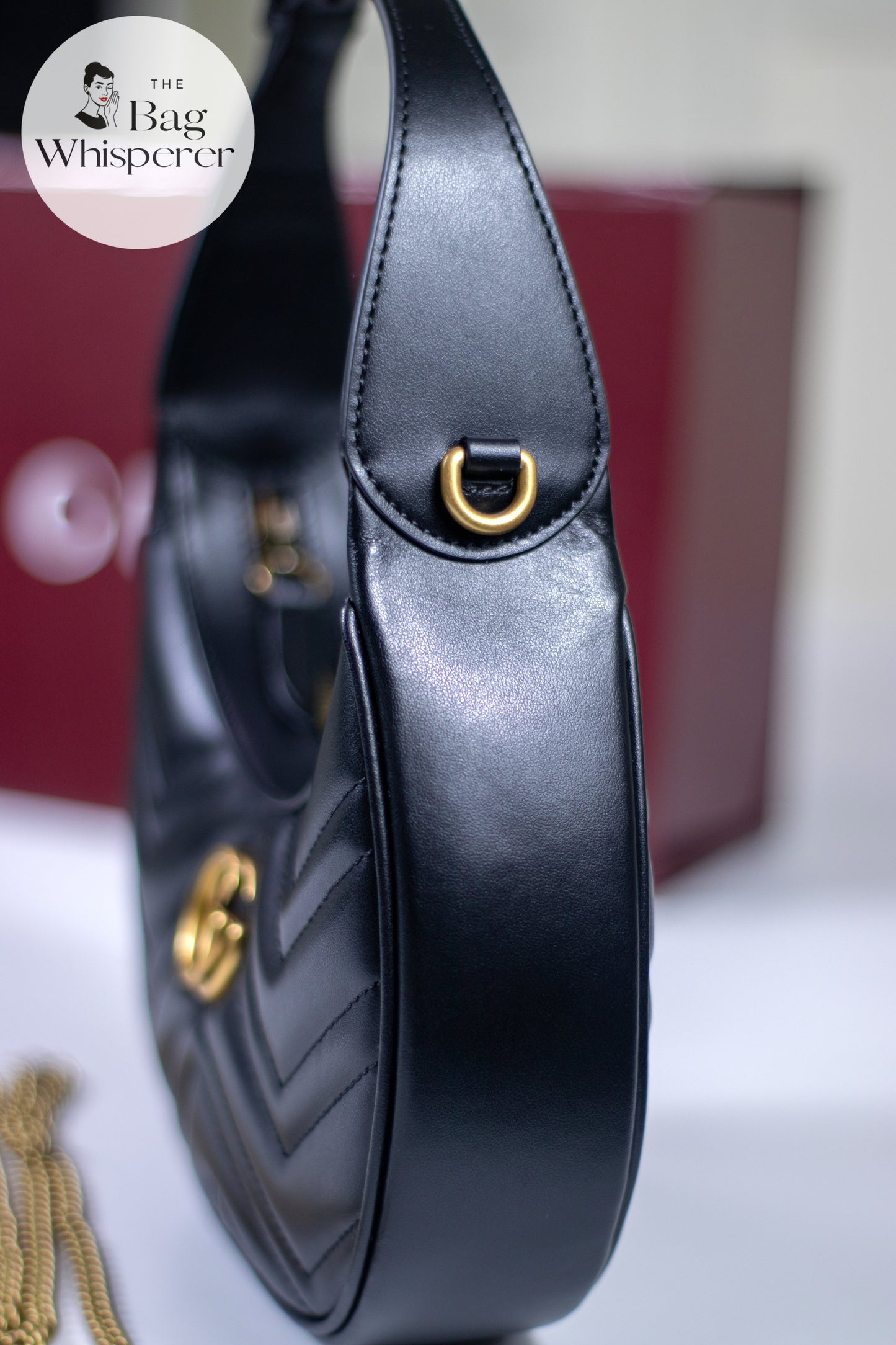 GG Marmont Mini Moon Bag – Black Leather with Antique Gold Hard