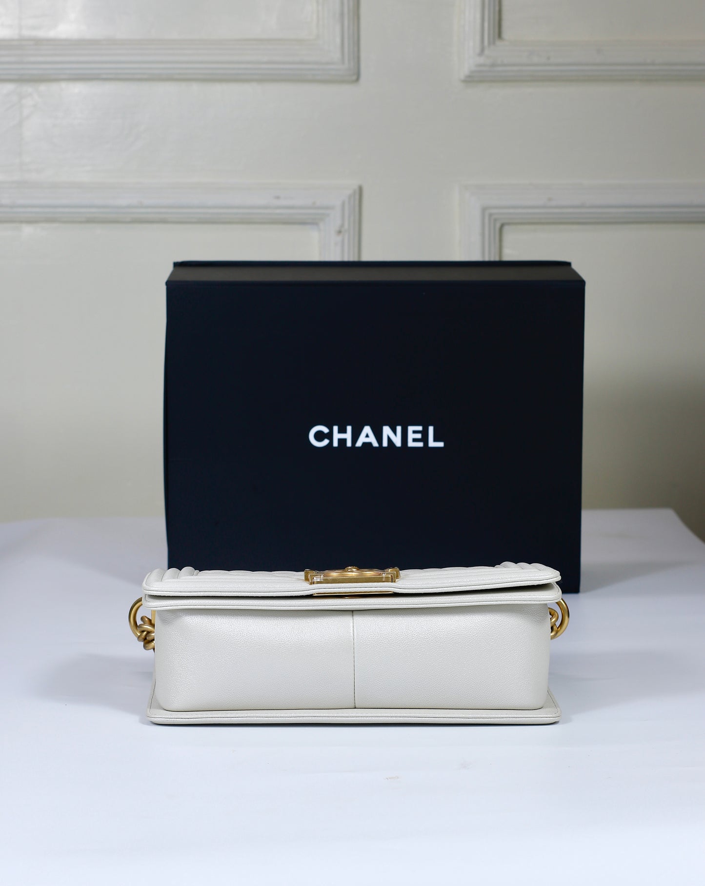 Le Boy Old Medium – Iridescent White Caviar with Gold Hardware (Microchipped)