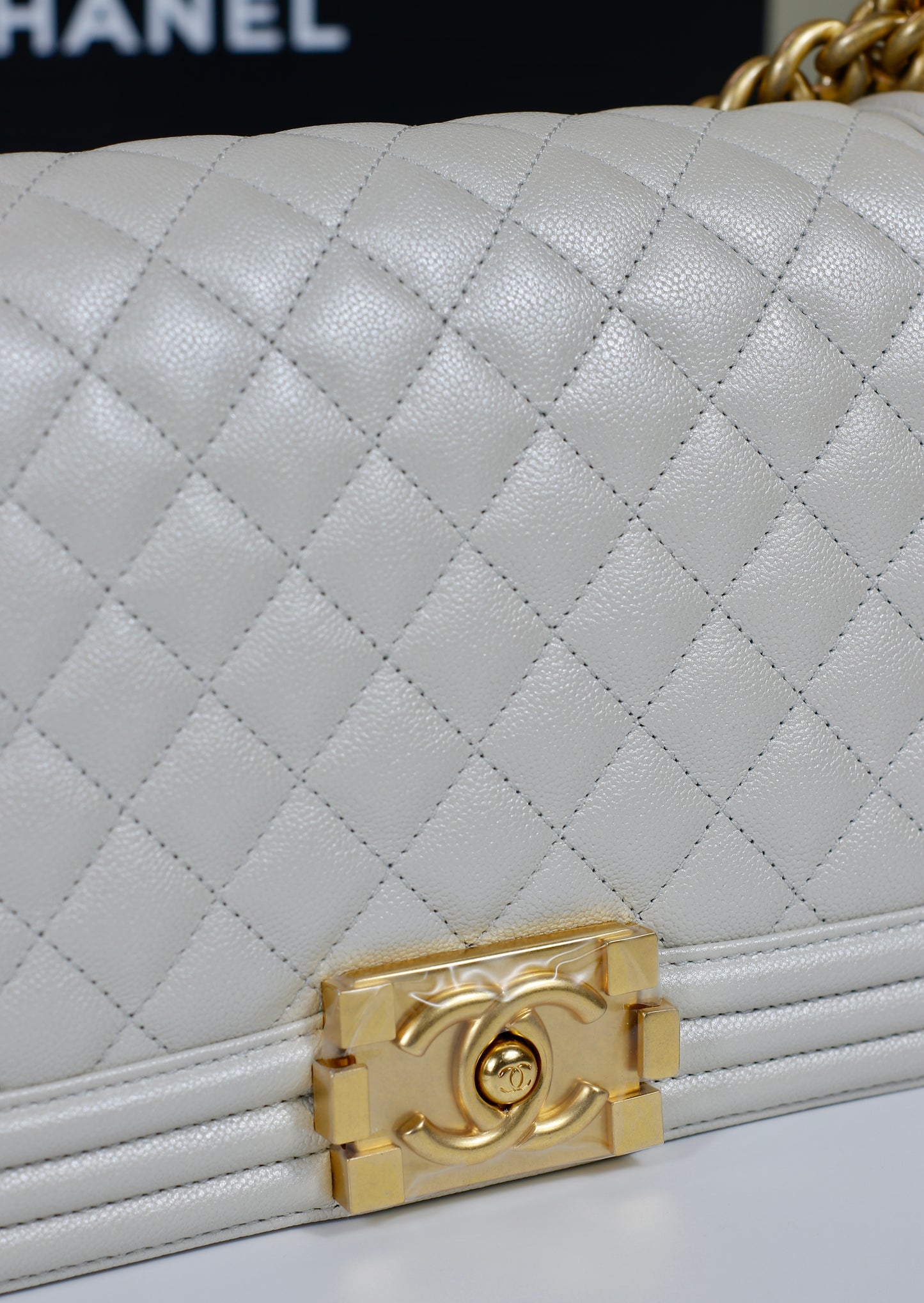 Le Boy Old Medium – Iridescent White Caviar with Gold Hardware (Microchipped)