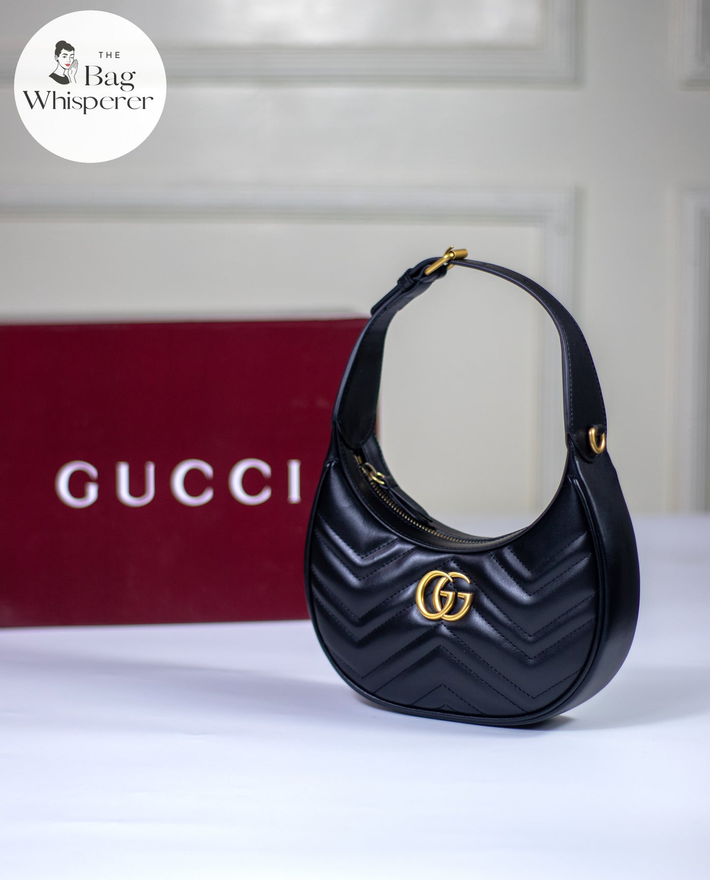 GG Marmont Mini Moon Bag – Black Leather with Antique Gold Hard