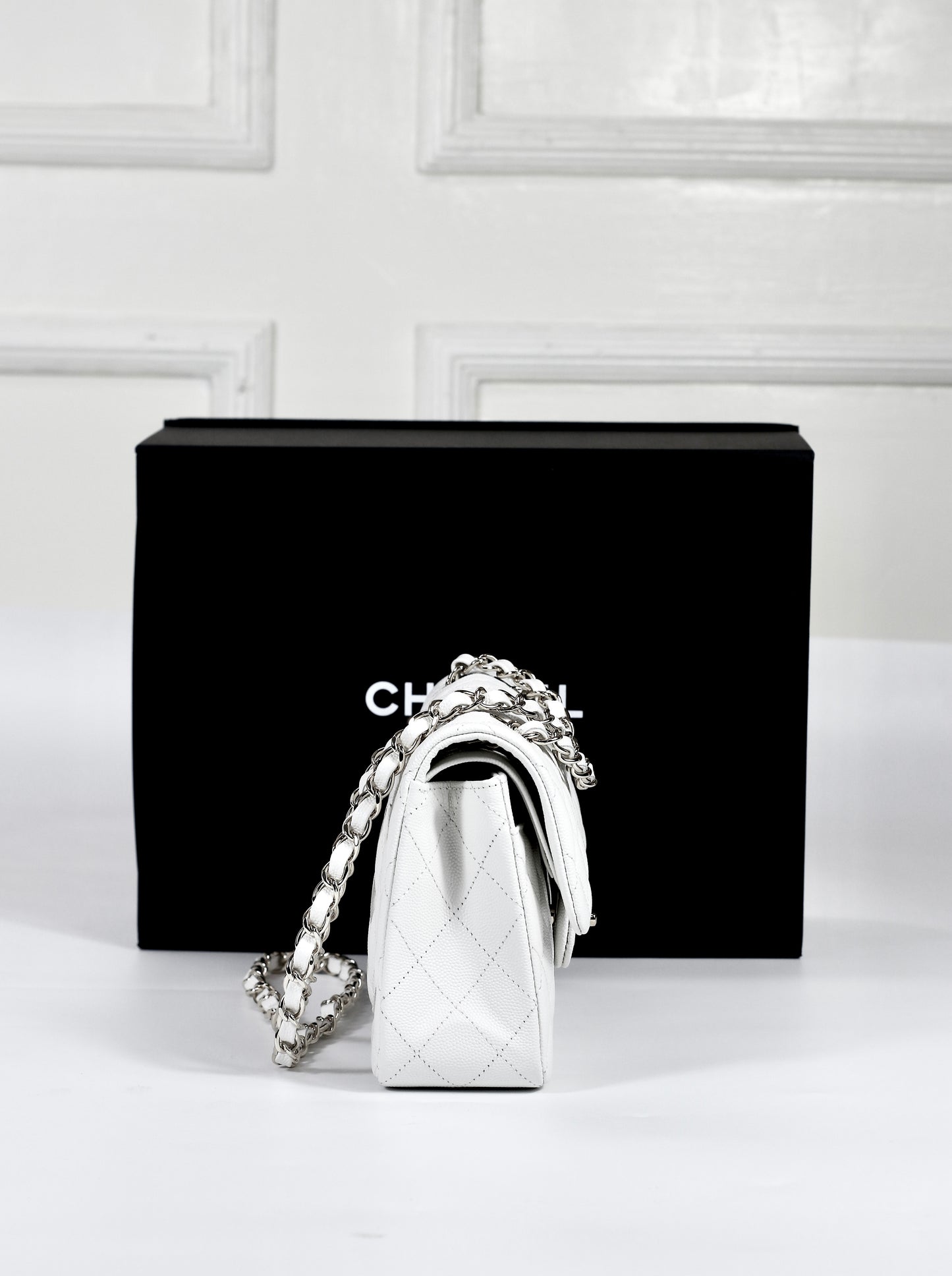 Classic Flap Small – White Caviar with Light Gold Hardware (Microchipped)