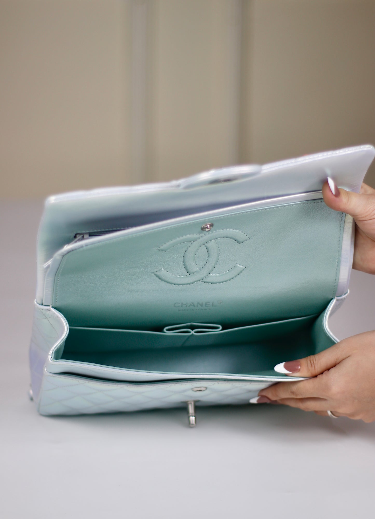 Classic Flap – Iridescent Blue 21K with Silver Hardware