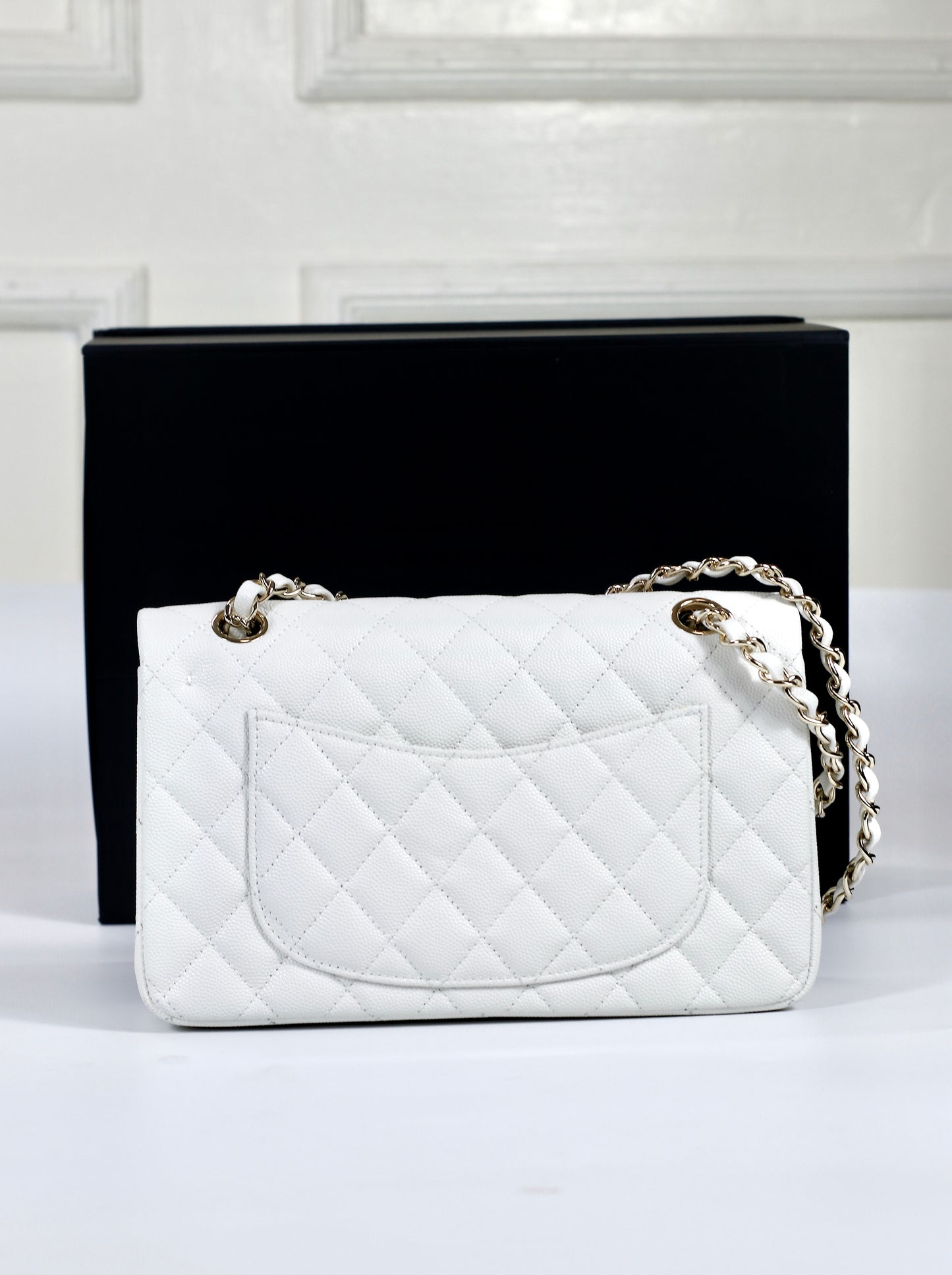 Classic Flap Small – White Caviar with Light Gold Hardware (Microchipped)