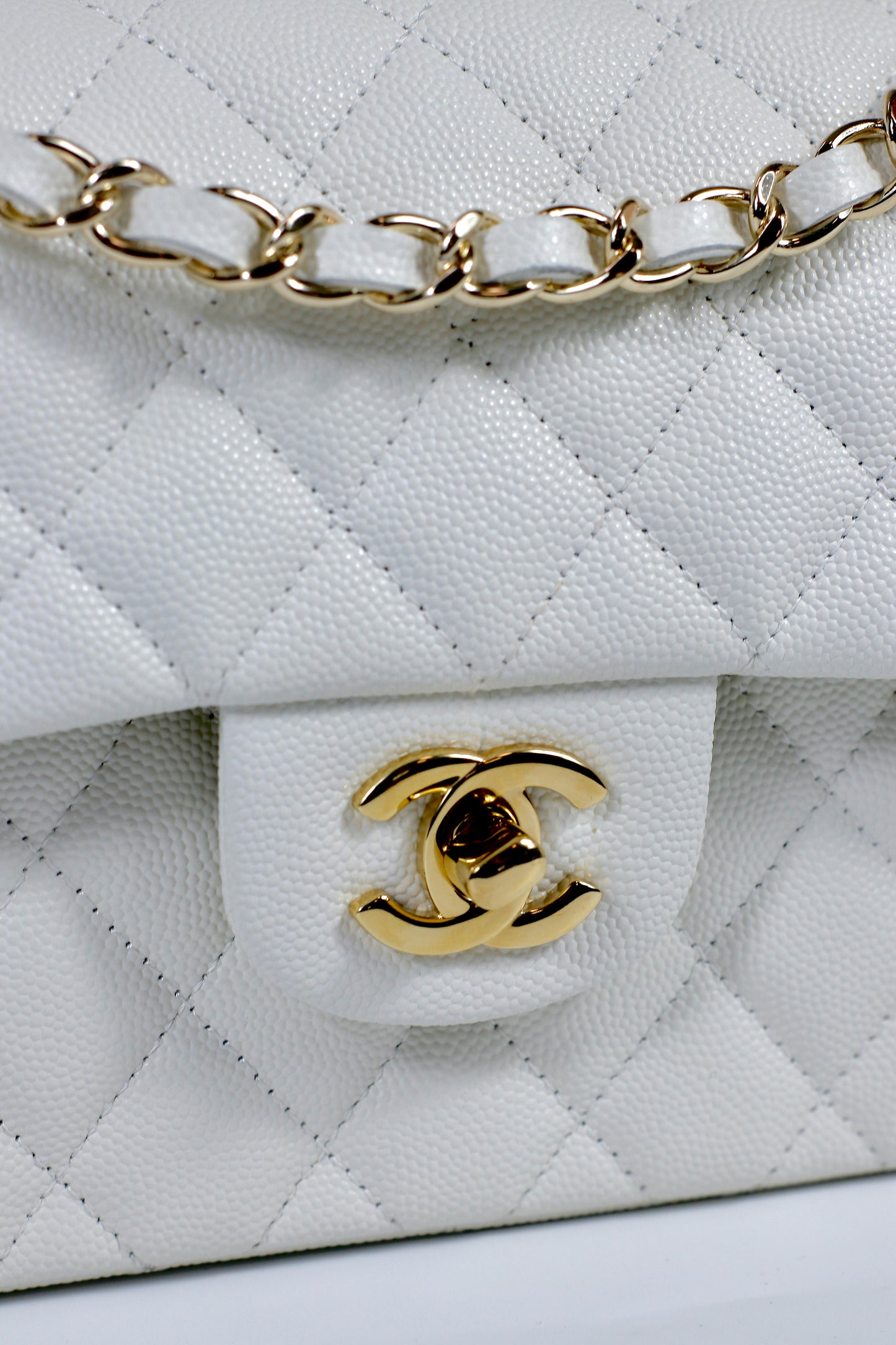 Classic Flap Small – White Caviar with Light Gold Hardware (Microchipped)
