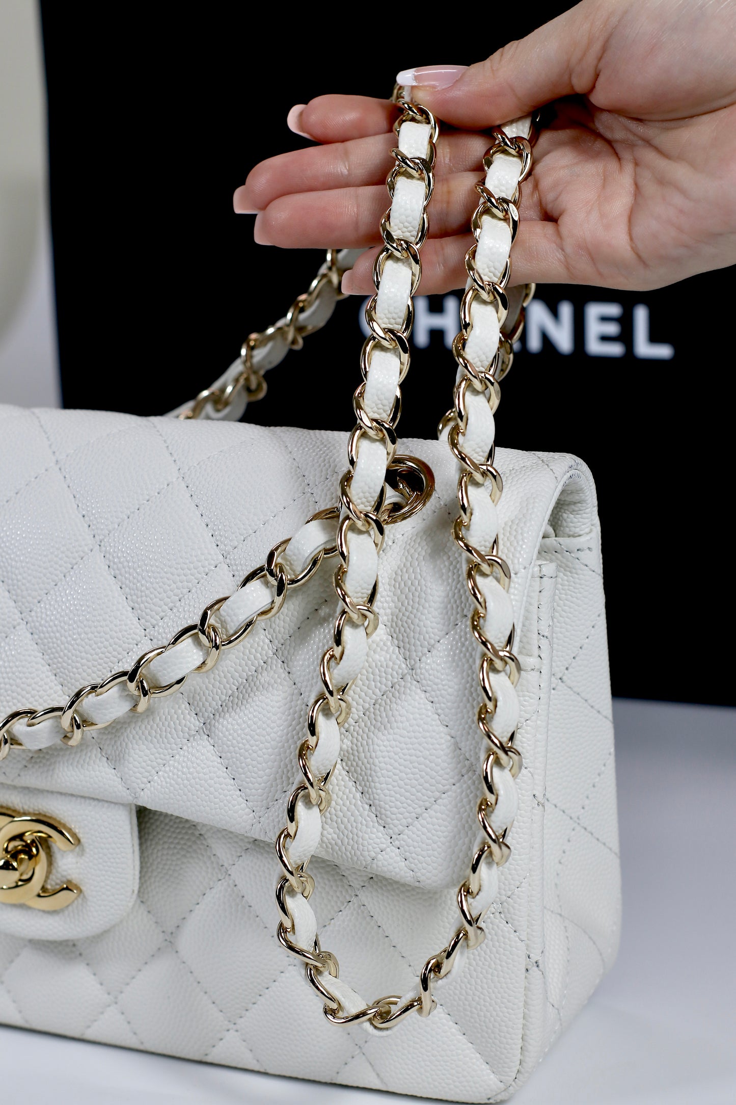 Classic Flap Small – White Caviar with Light Gold Hardware (Microchipped)