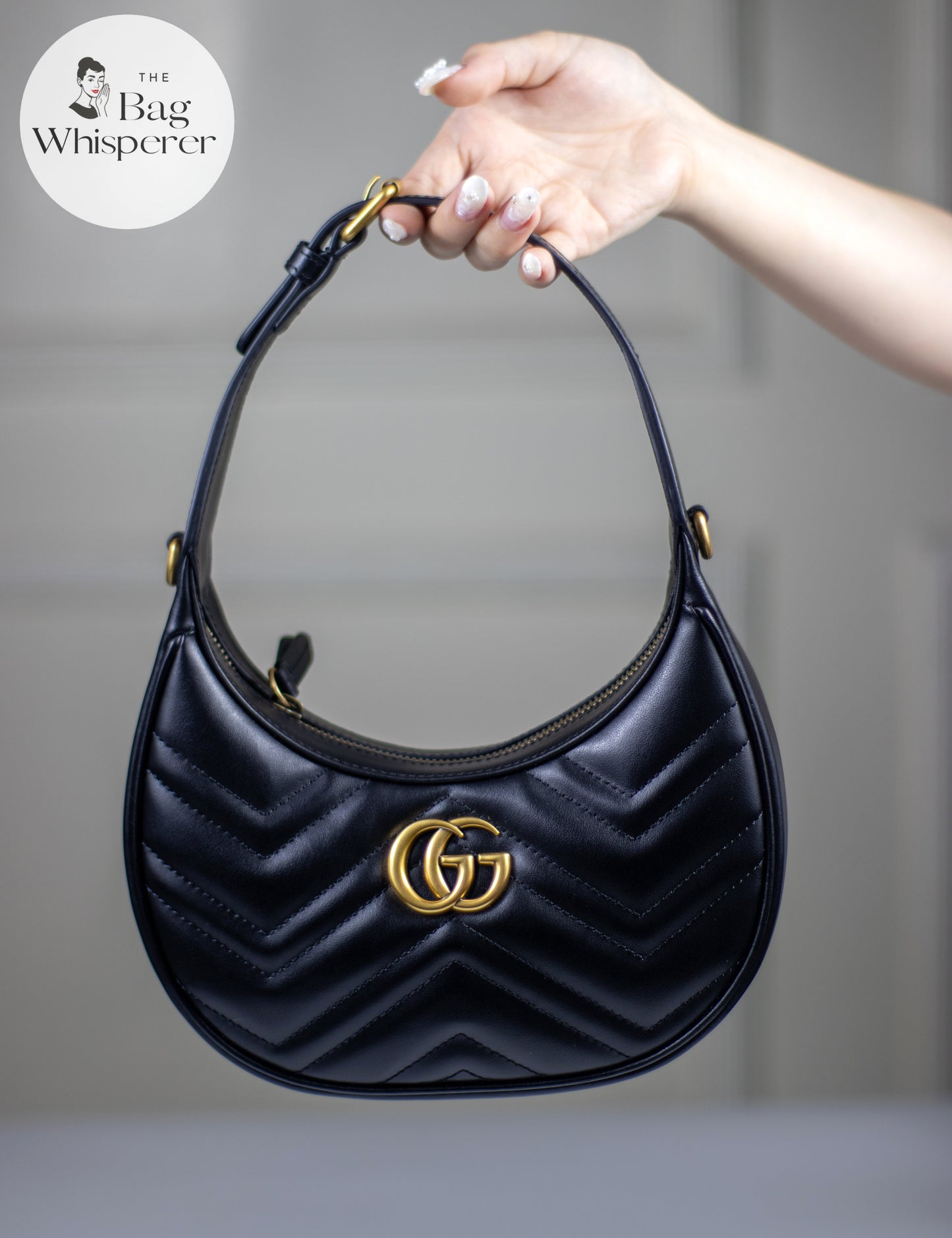 GG Marmont Mini Moon Bag – Black Leather with Antique Gold Hard