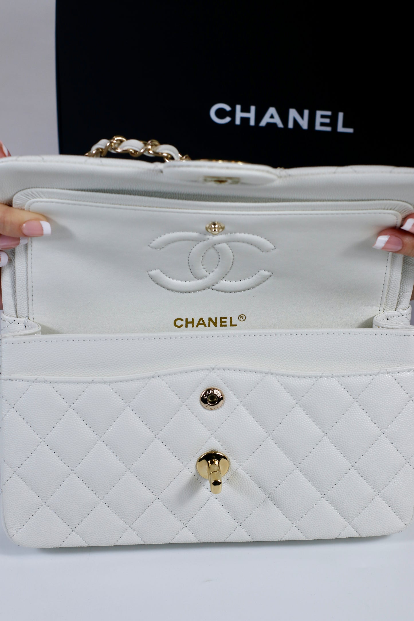 Classic Flap Small – White Caviar with Light Gold Hardware (Microchipped)