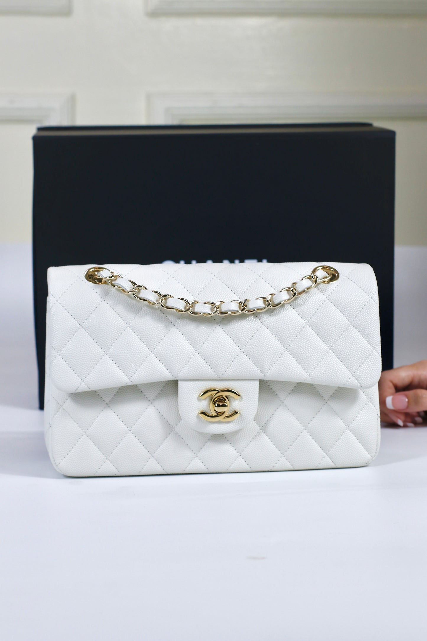 Classic Flap Small – White Caviar with Light Gold Hardware (Microchipped)