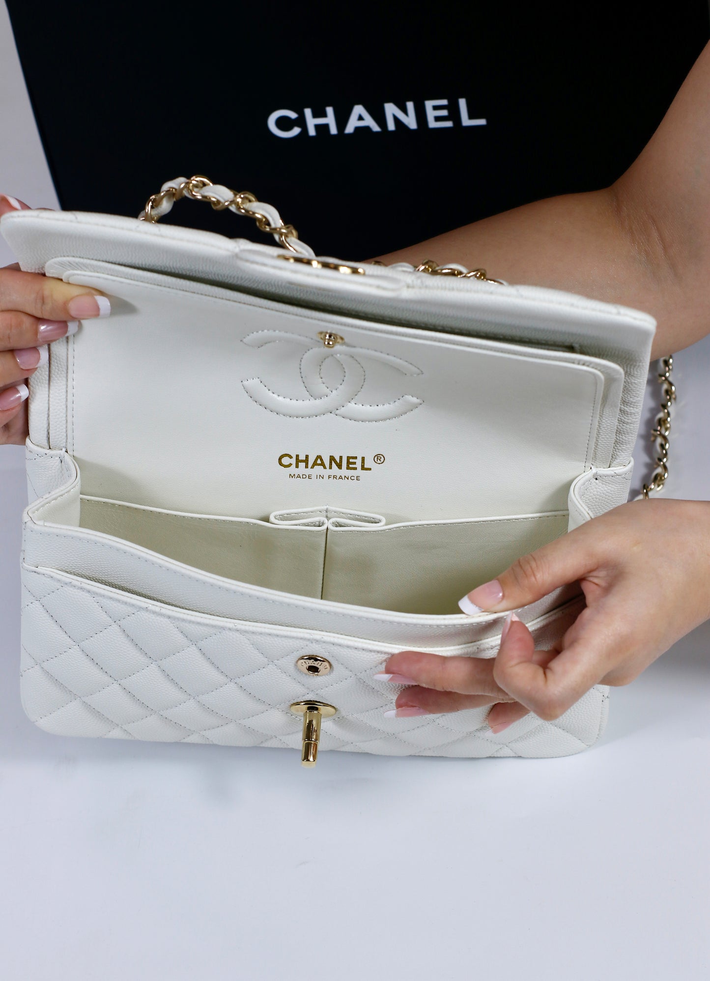 Classic Flap Small – White Caviar with Light Gold Hardware (Microchipped)
