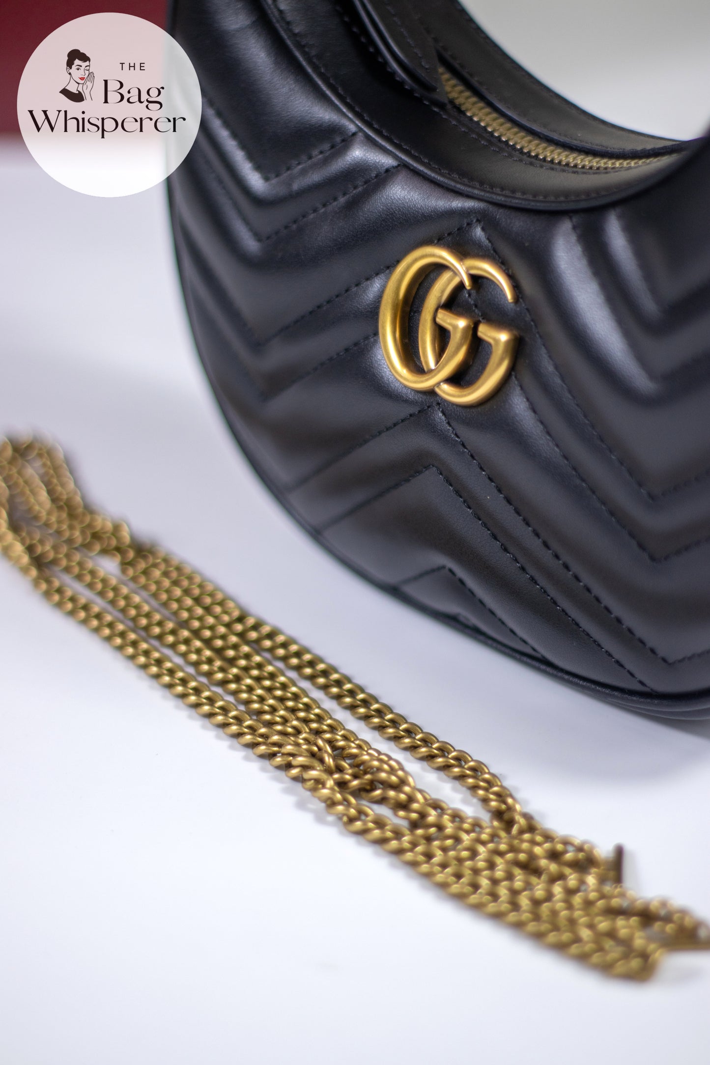 GG Marmont Mini Moon Bag – Black Leather with Antique Gold Hard