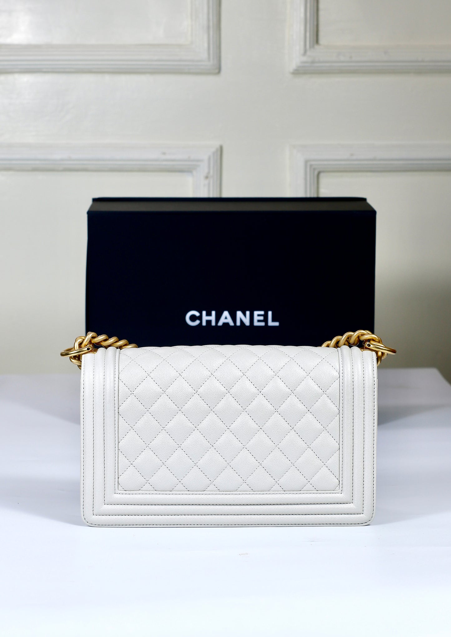 Le Boy Old Medium – Iridescent White Caviar with Gold Hardware (Microchipped)