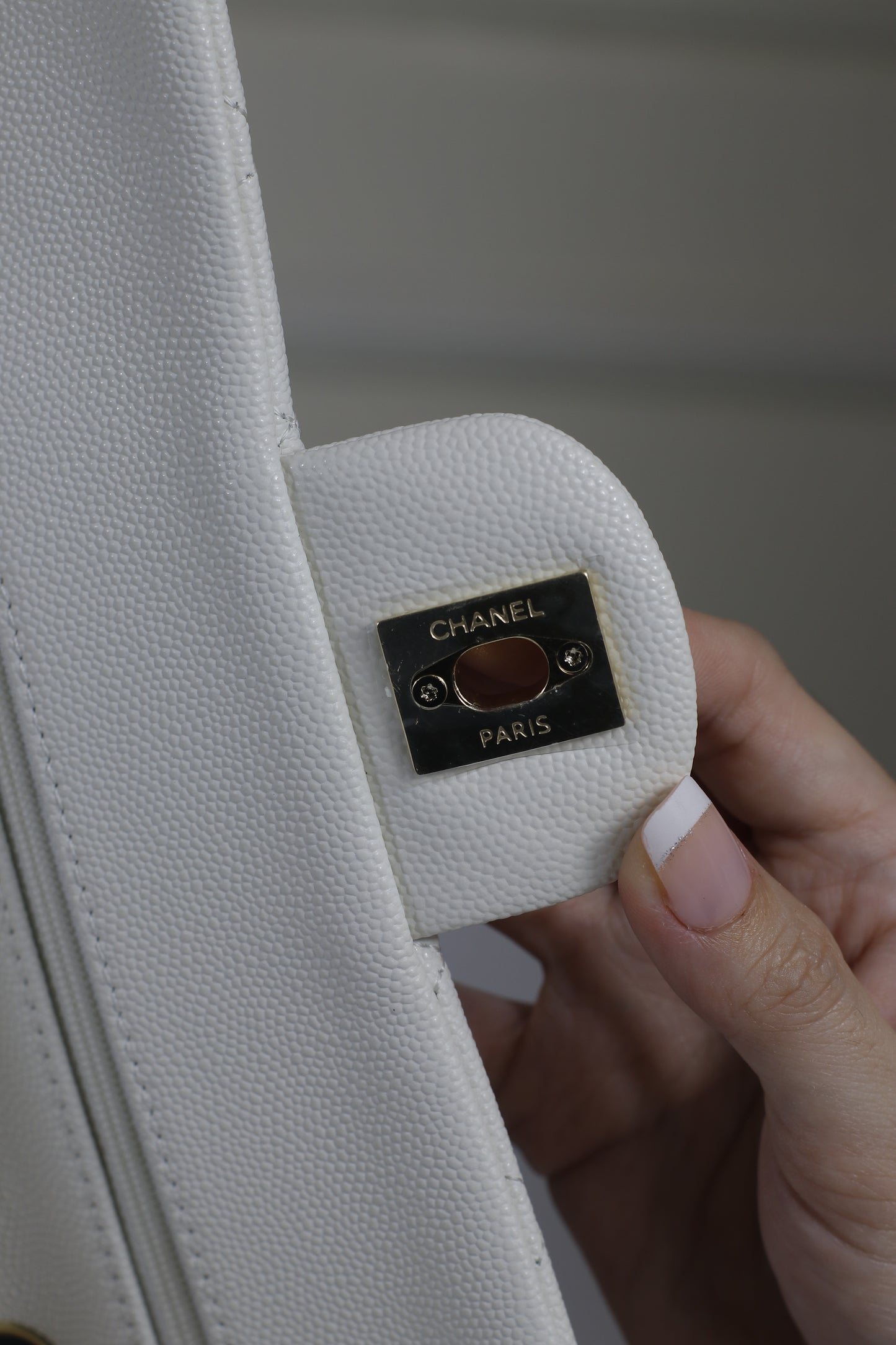 Classic Flap Small – White Caviar with Light Gold Hardware (Microchipped)