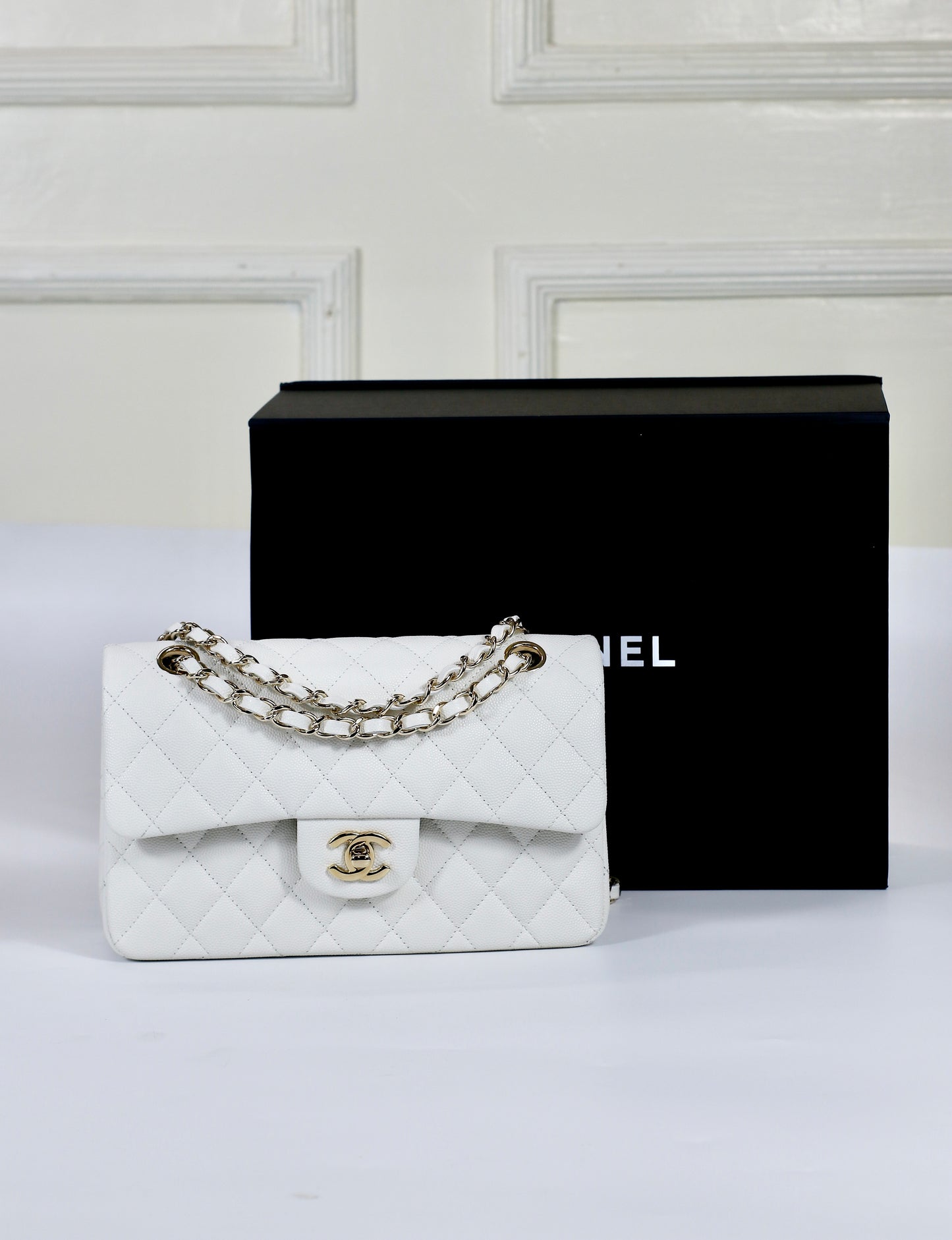Classic Flap Small – White Caviar with Light Gold Hardware (Microchipped)