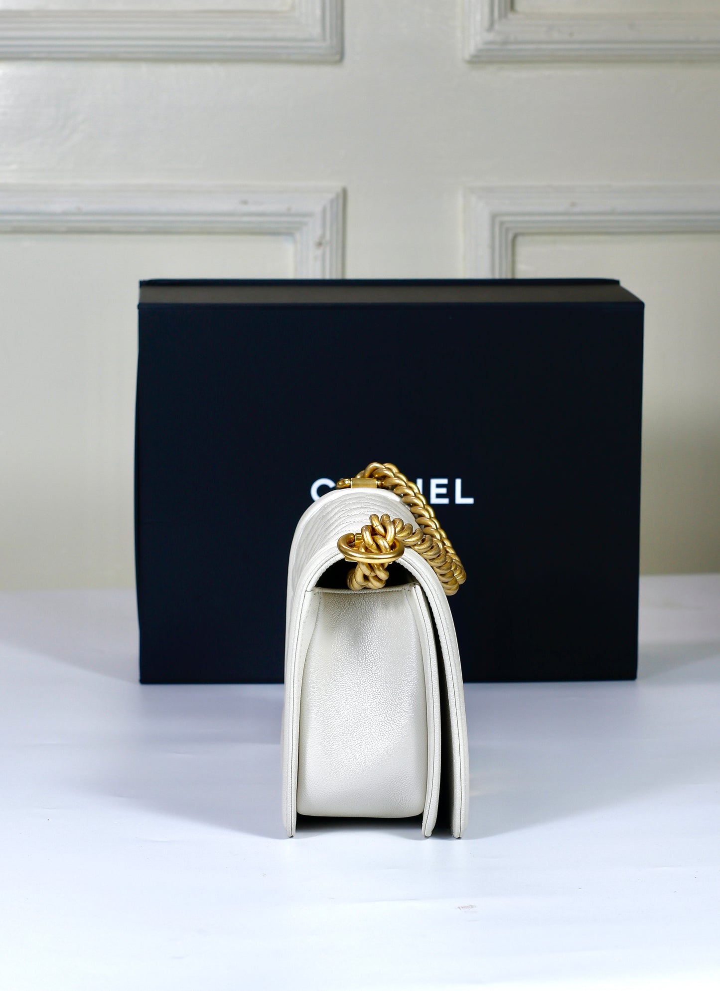 Le Boy Old Medium – Iridescent White Caviar with Gold Hardware (Microchipped)