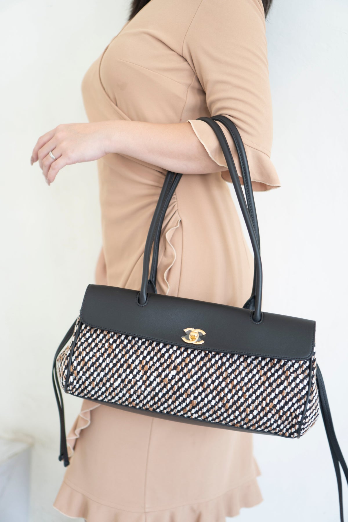 Urban Essentials Small East-West Shopping Bag – Black Calfskin & Multitone Tweed with Gold Hardware