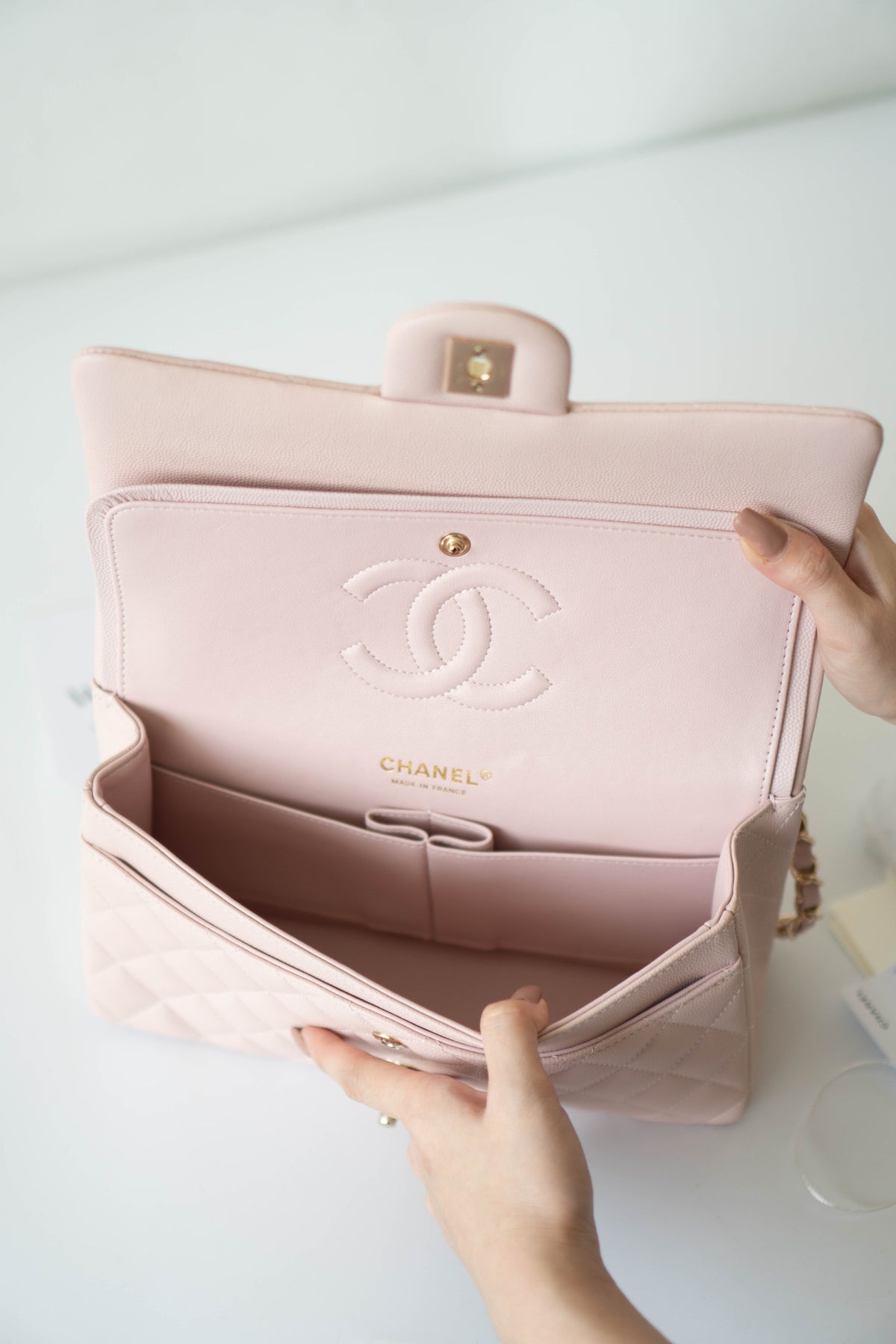 Classic Flap Medium – Rose Clair Caviar Leather with Light Gold Hardware