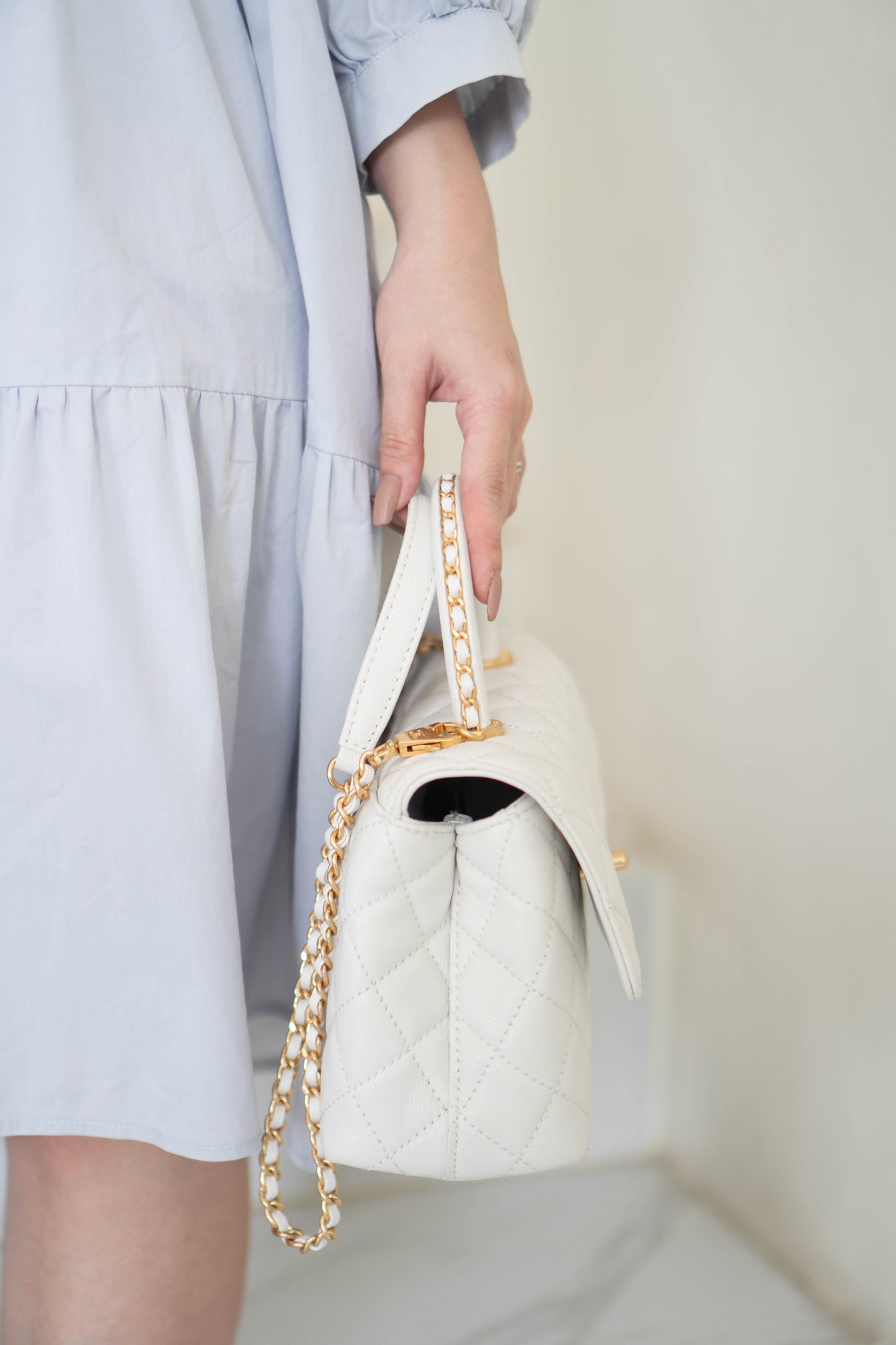 Coco Handle Small Bag – White Quilted Leather with Gold Hardware (23P)