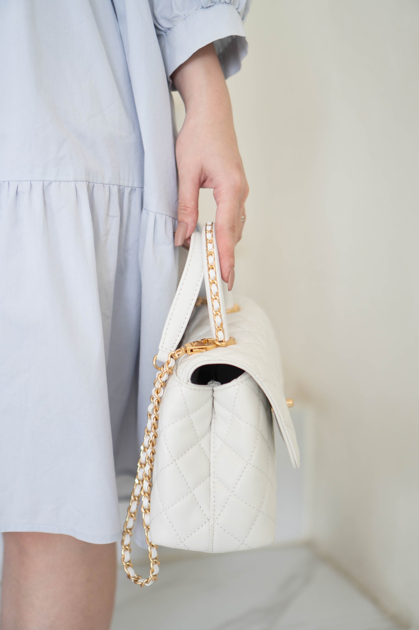 Coco Handle Small Bag – White Quilted Leather with Gold Hardware (23P)