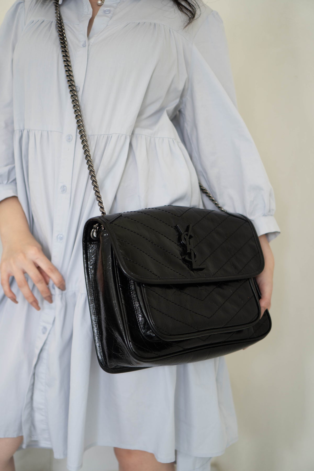 Nikki Bag – Black Crinkled Leather with Black Hardware (28 cm)