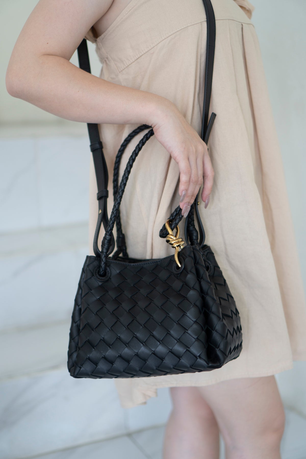 Parachute Bag – Black Intrecciato Leather with Gold Hardware