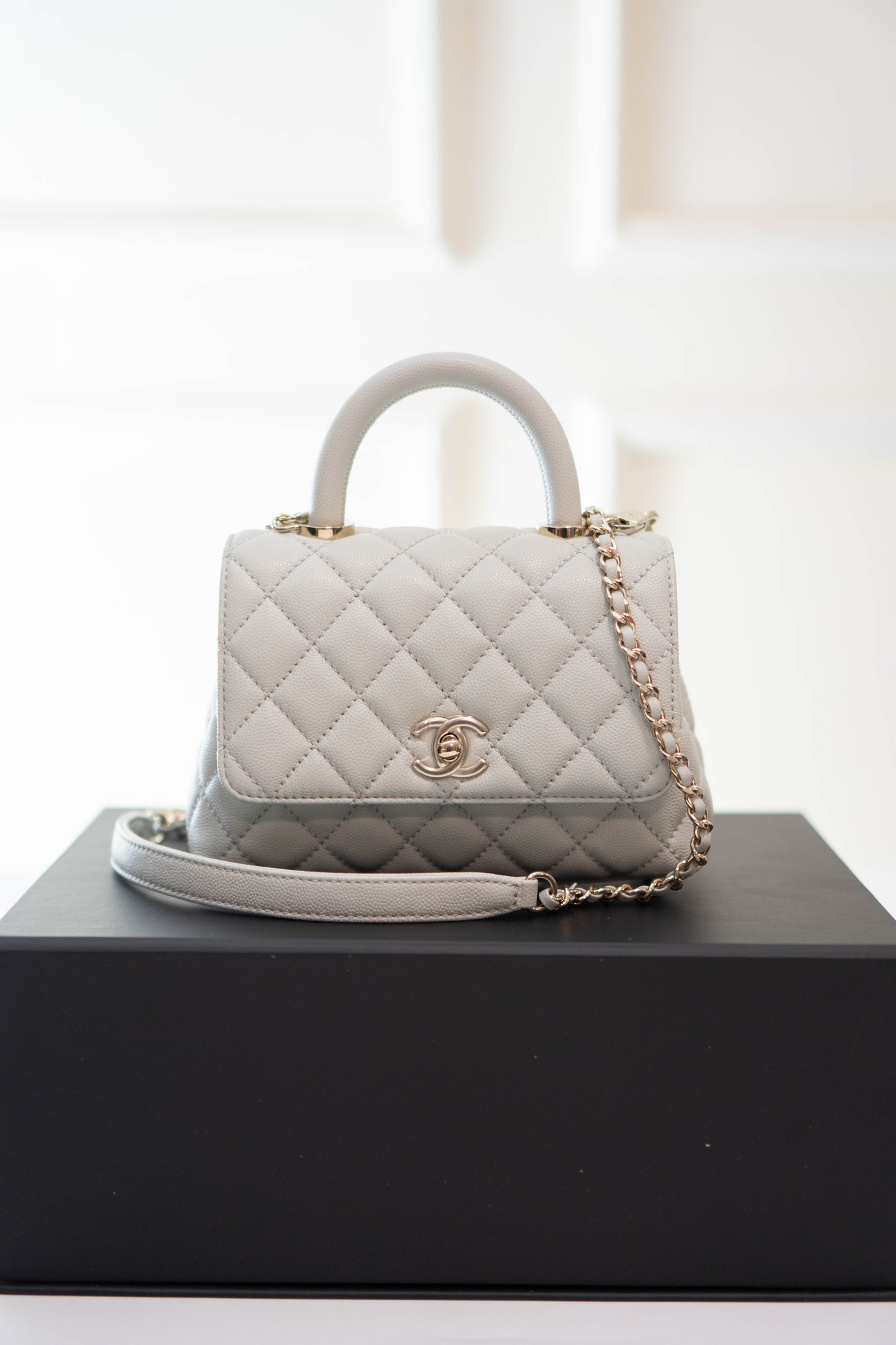 Coco Handle Mini in Light Gray Caviar Leather with Silver Hardware