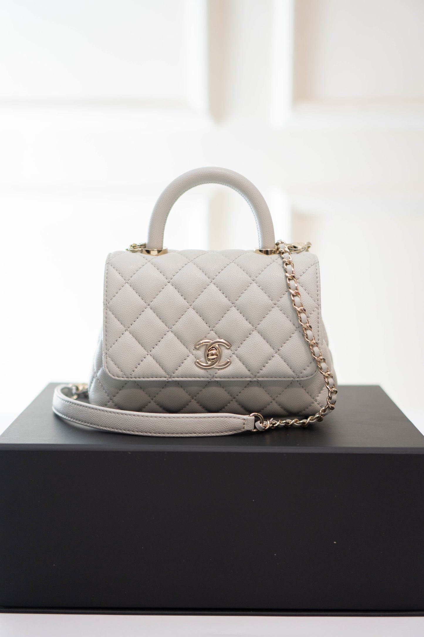 Coco Handle Mini in Light Gray Caviar Leather with Silver Hardware