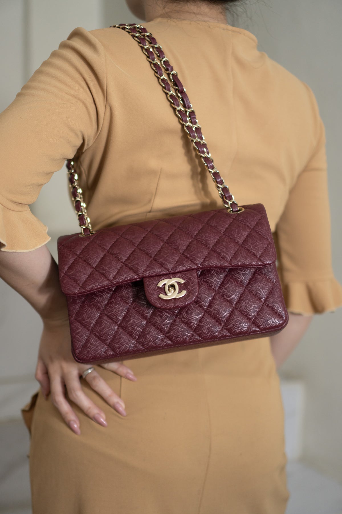 Classic Flap Bag – Burgundy Caviar Leather with Light Gold Hardware