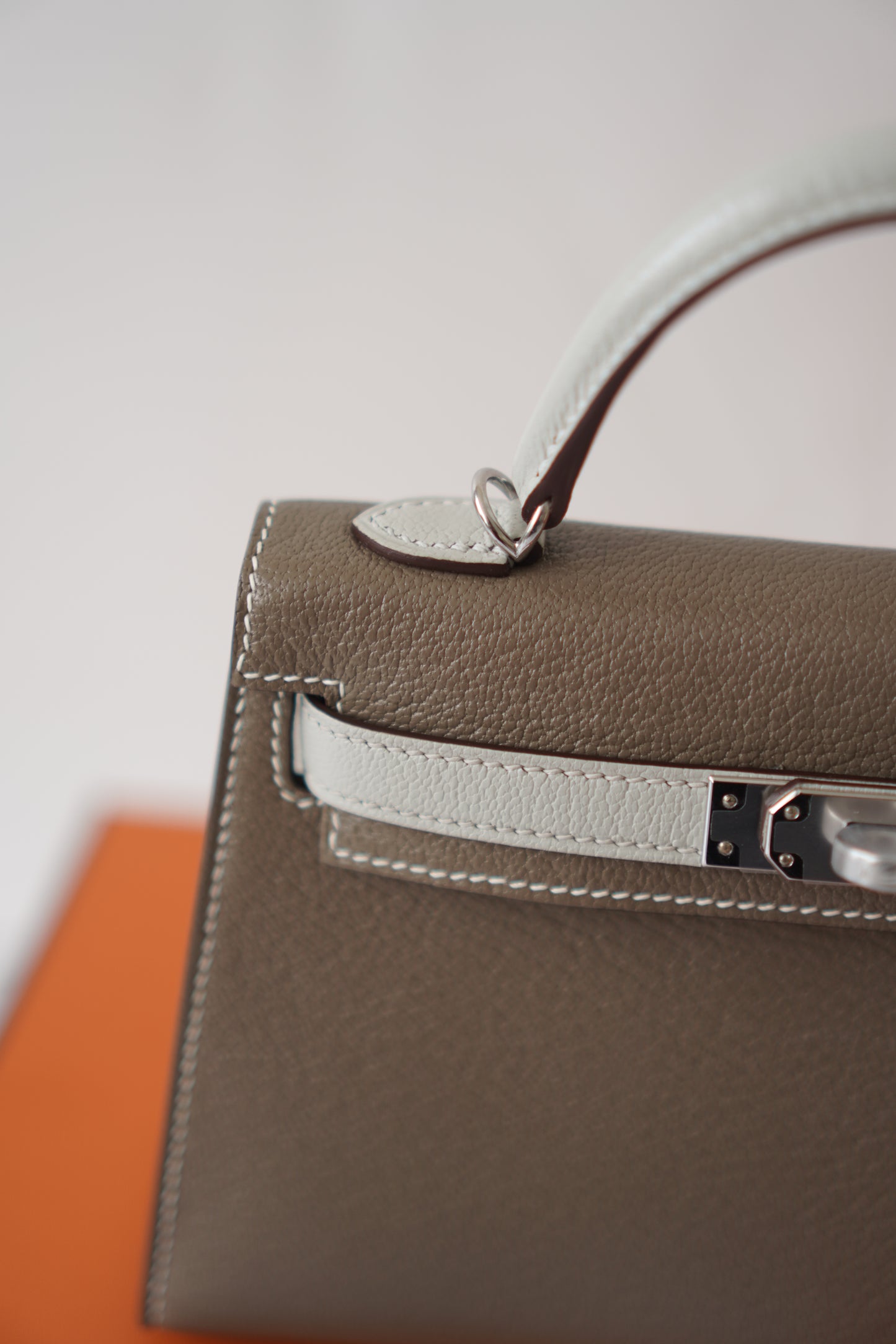 Mini KL Special Order – Etoupe & Gris Perle Chevre with Palladium Hardware