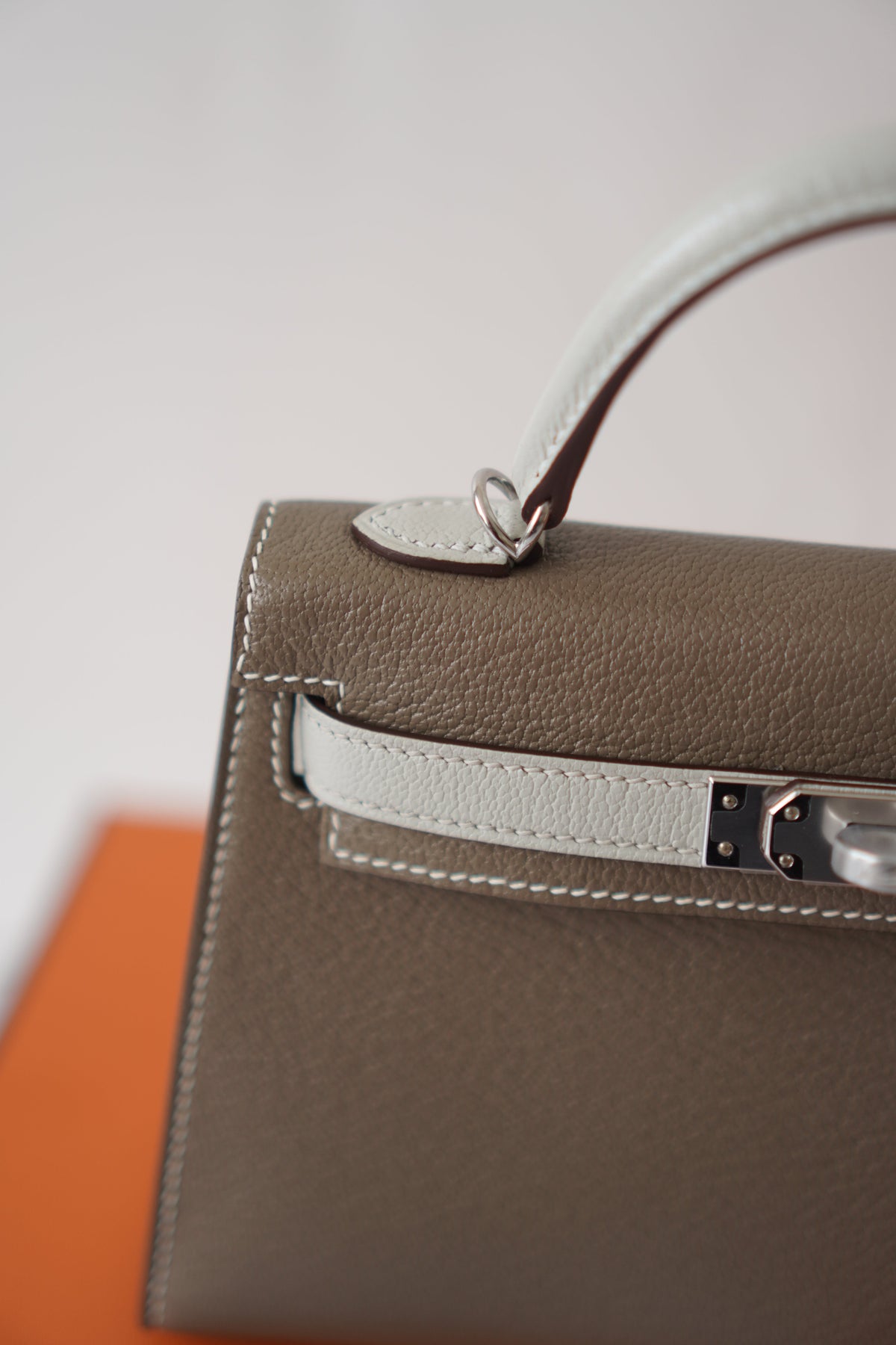 Mini KL Special Order – Etoupe & Gris Perle Chevre with Palladium Hardware