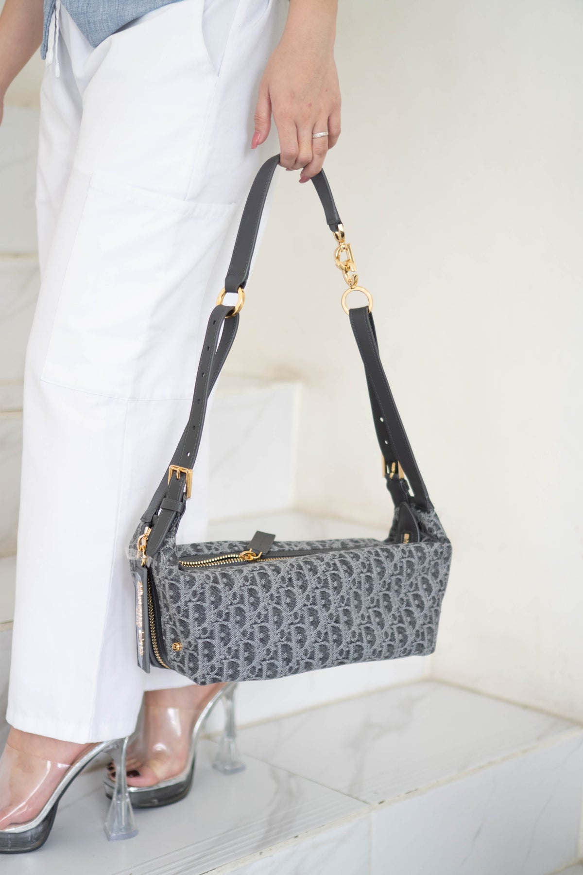 D-Journey Small Bag – Grey Oblique Denim with Gold Hardware