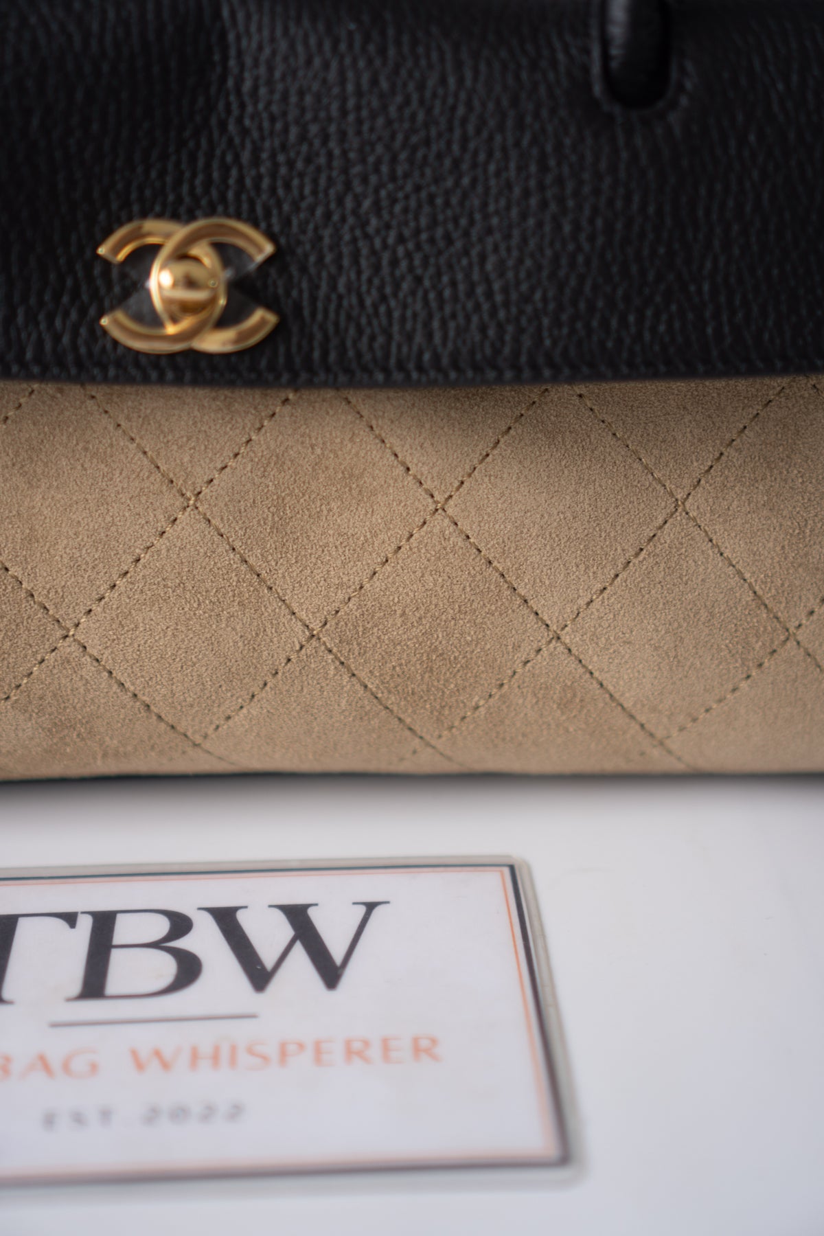East-West Suede Flap Bag – Beige & Black Leather