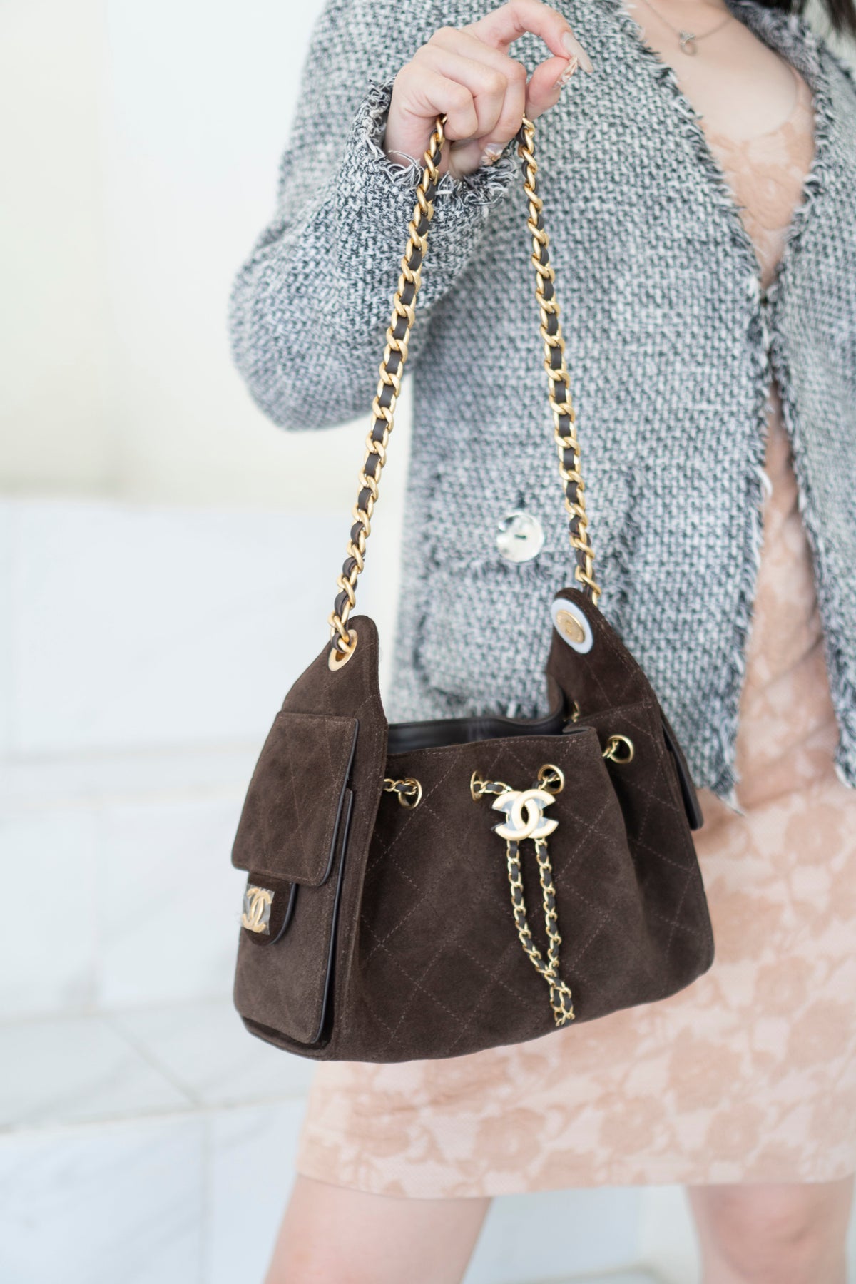 C25 Mini Drawstring Chain Bag – Dark Brown Suede with Gold Hardware