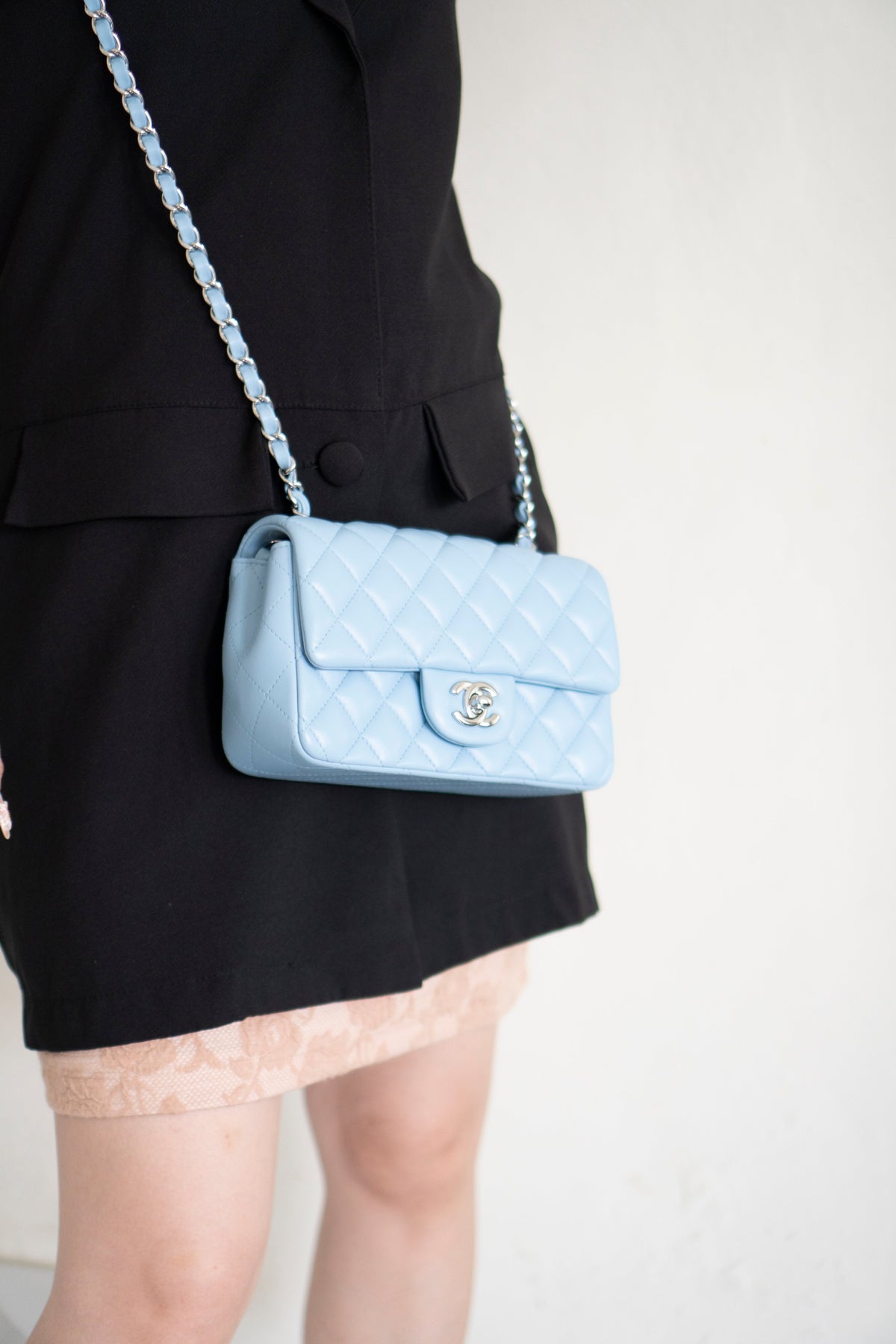 Classic Mini Rectangle Flap – Light Blue Lambskin with Silver Hardware