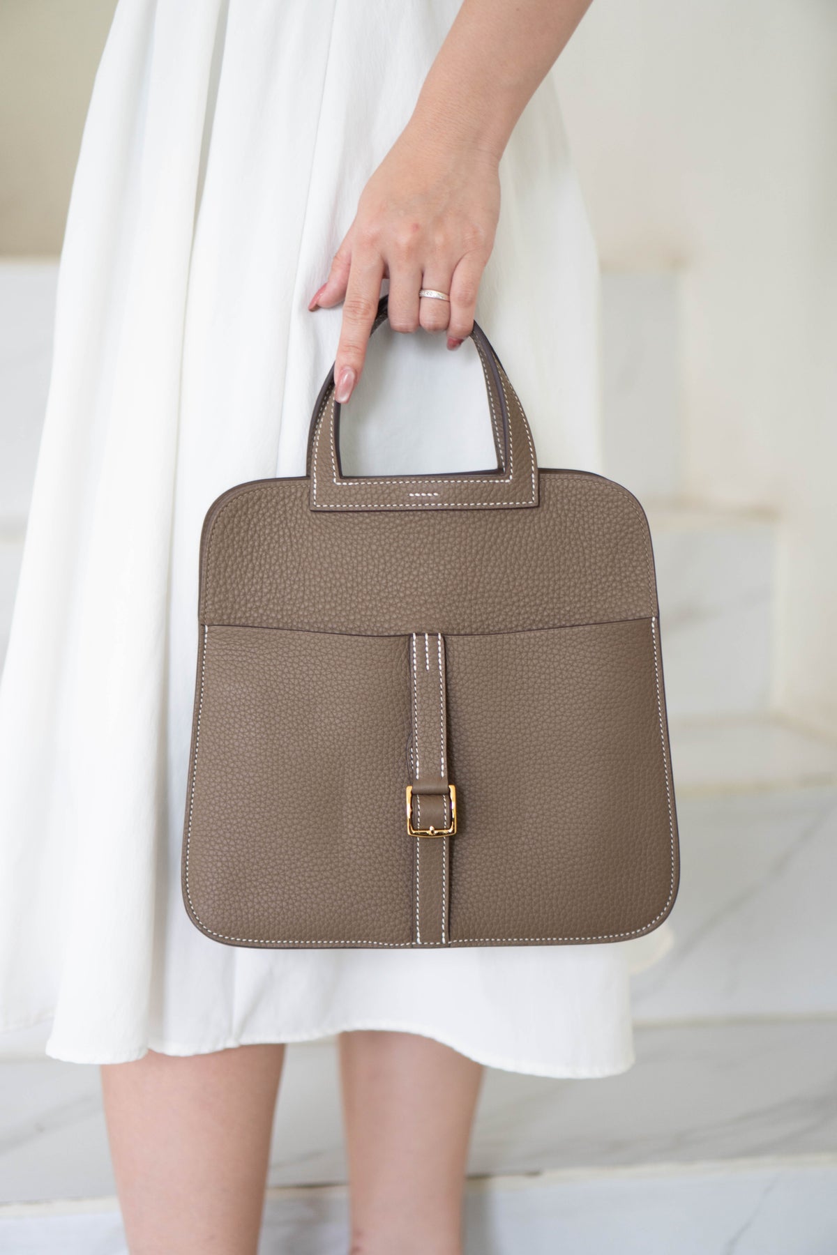 Halzan Top Handle Bag 25 – Etoupe Clemence with Palladium Hardware
