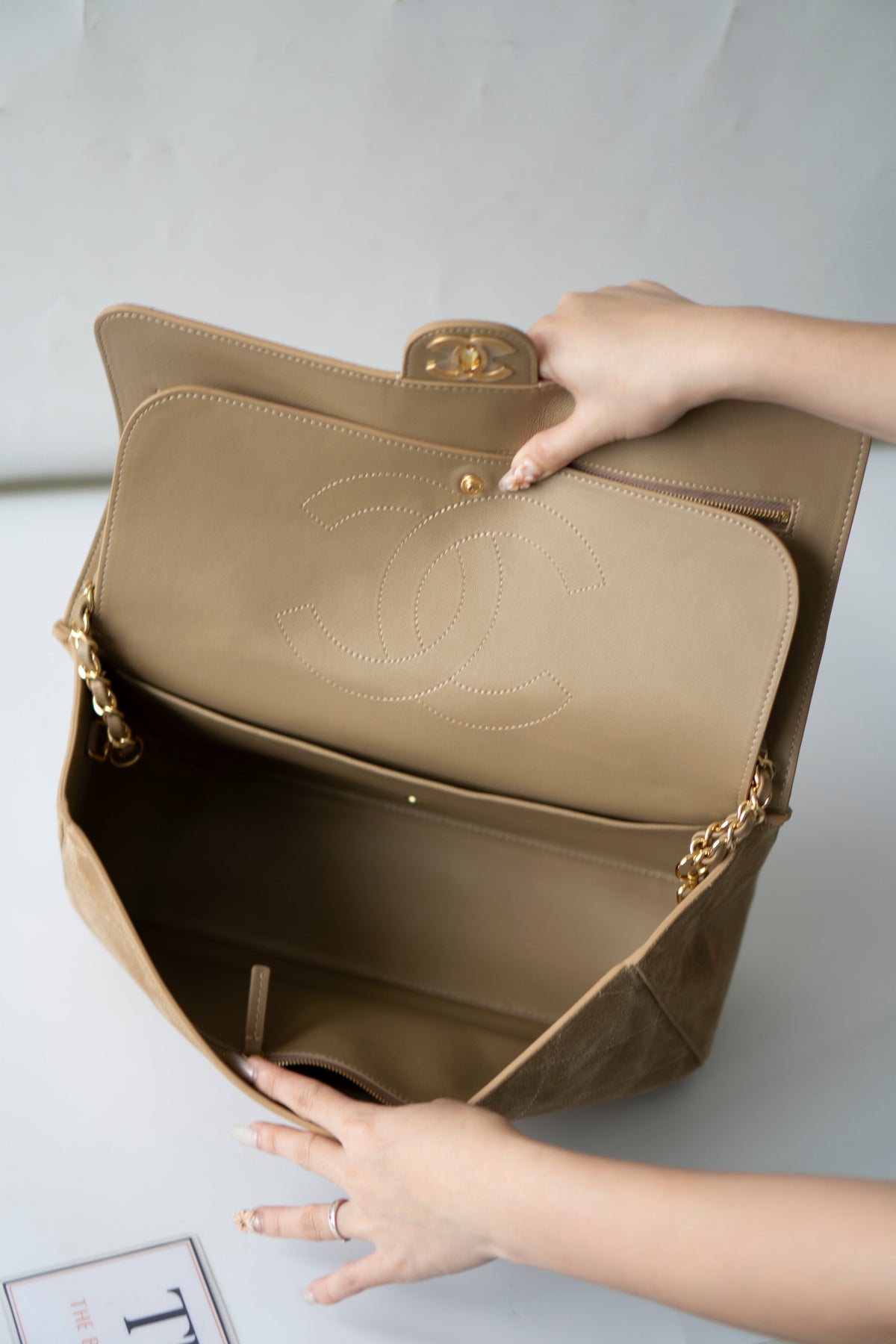 Jumbo Flap – Beige Suede from the 26S Collection with Gold Hardware
