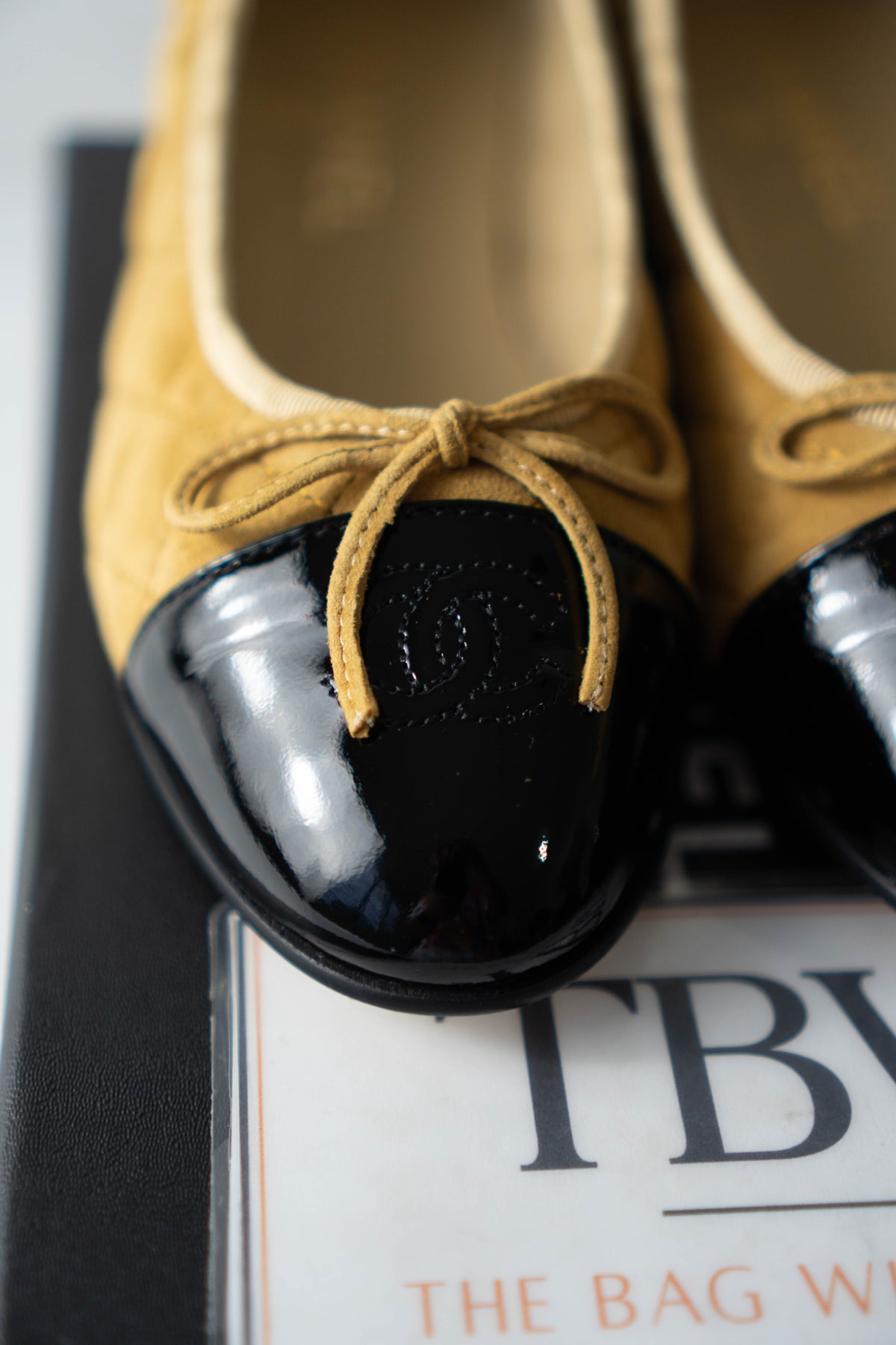 CC Quilted Suede Cap-Toe Ballet Flats – Beige / Yellow Suede with Black Patent Cap Toe