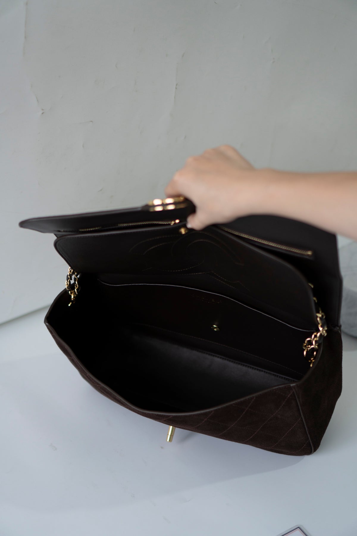 Jumbo Flap 26S – Dark Brown Suede with Gold Hardware