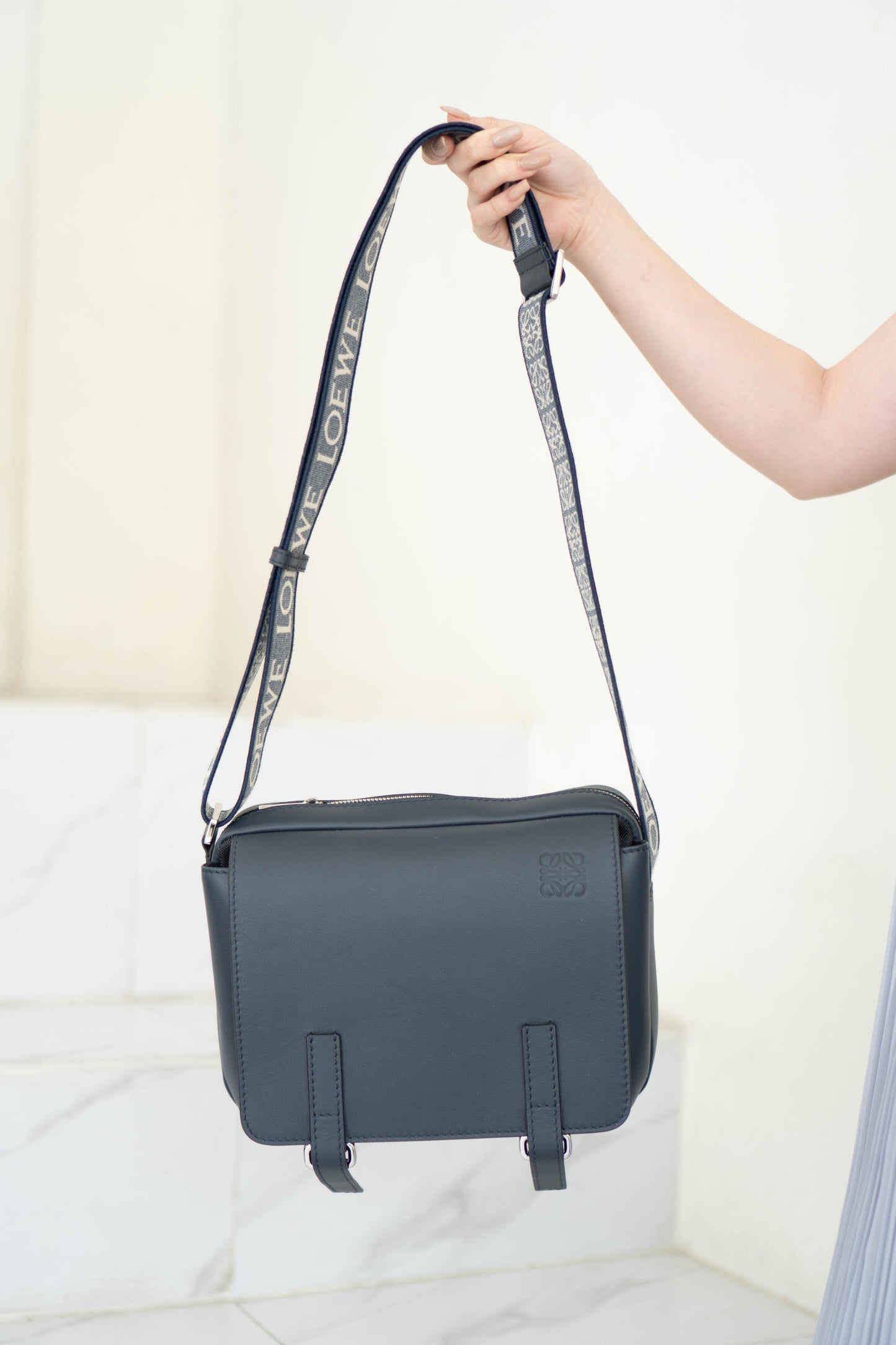 Military Messenger in Navy Blue supple Leather with Palladium Hardware