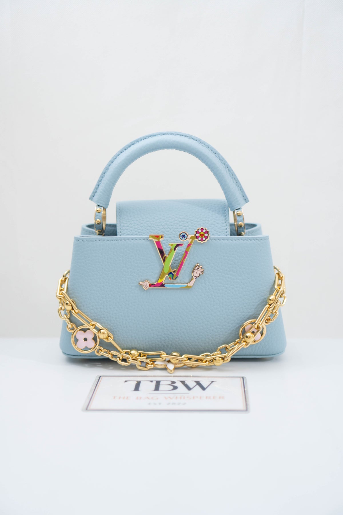 Capucines BB Floral Print Flap Top Handle Bag – Light Blue Taurillon Leather