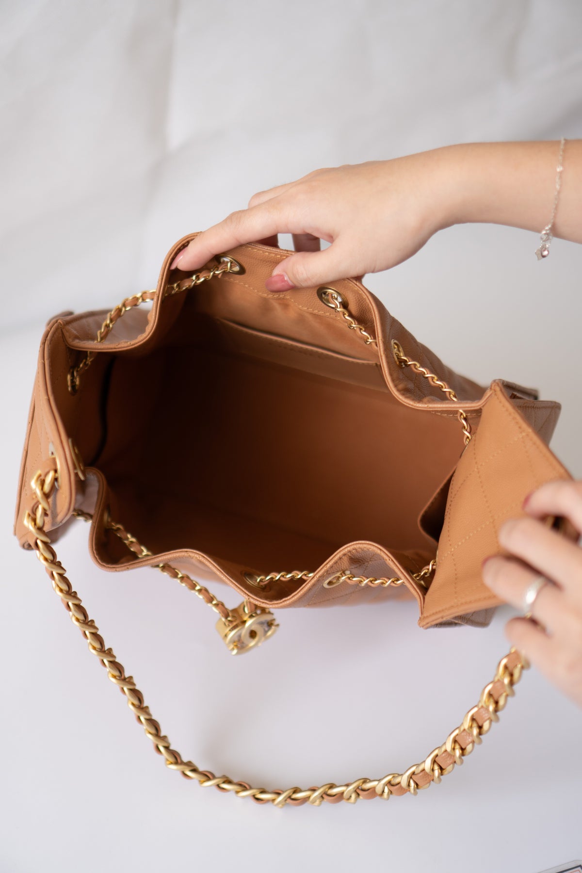 C25 Quilted Drawstring Shoulder Bag – Caramel Caviar with Gold Hardware