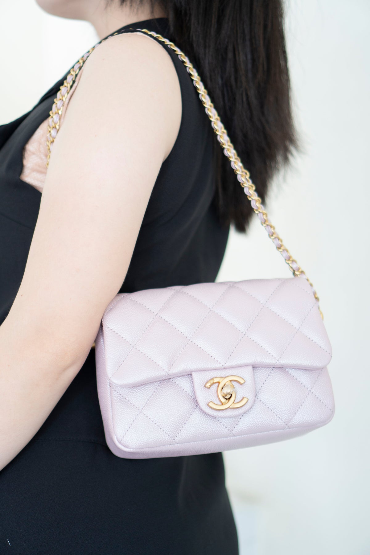Mini Rectangular Flap Bag – Pink Iridescent Caviar with Light Gold Hardware