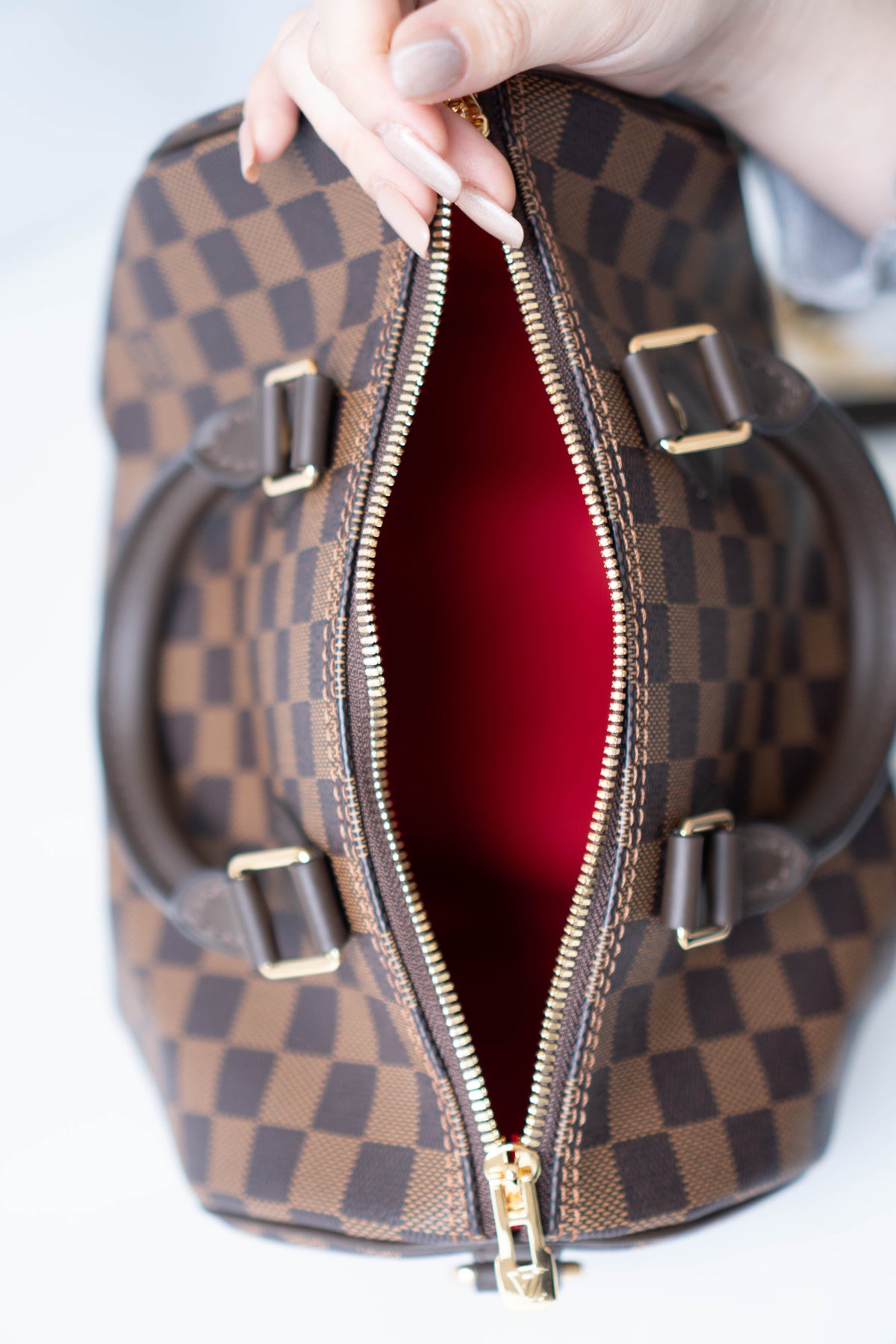 Speedy 25 – Damier Ebene Canvas with Dark Brown Leather Trim