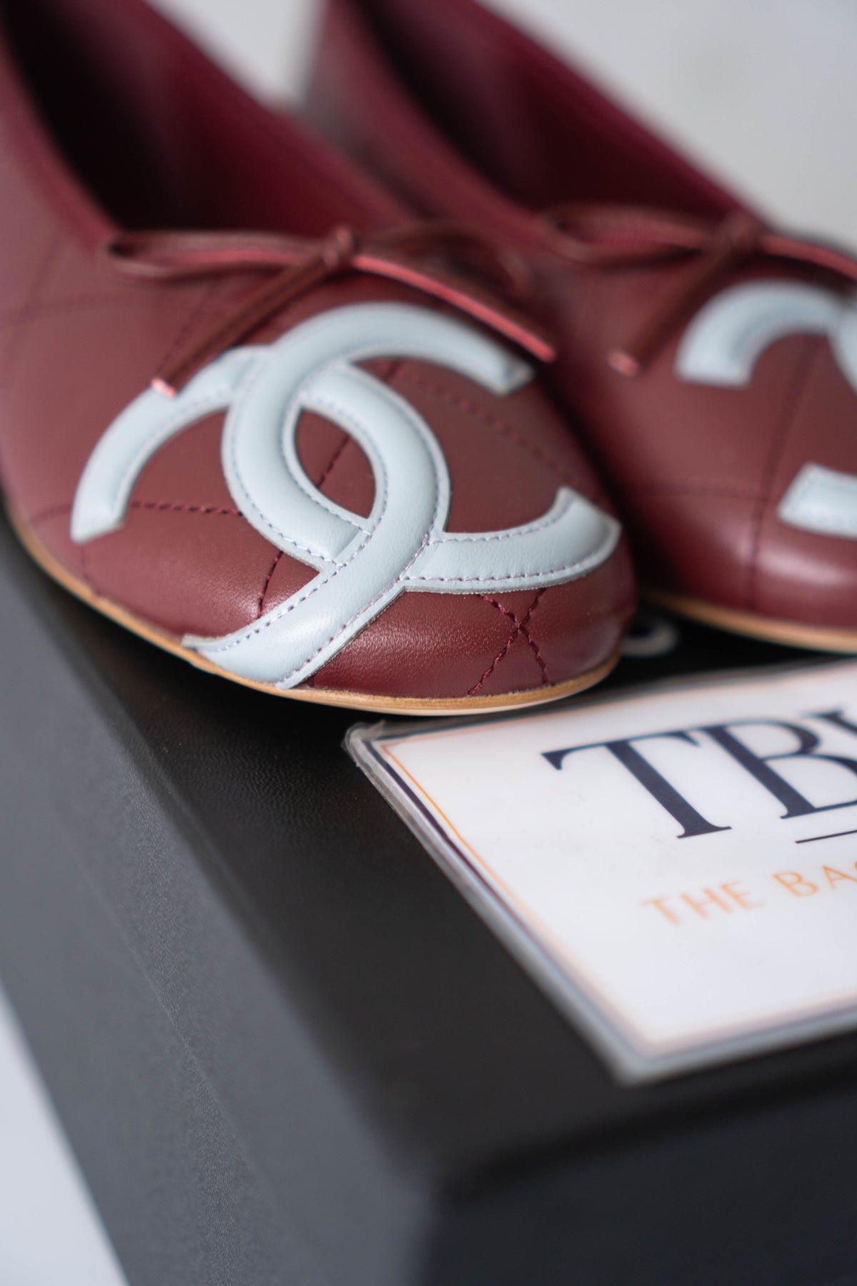 CC Quilted Ballet Flats – Burgundy & Light Blue Lambskin