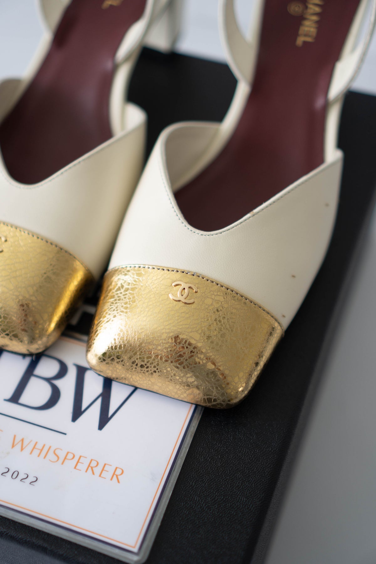 CC Cap-Toe Slingback Pumps – Cream & Crackled Metallic Gold Leather