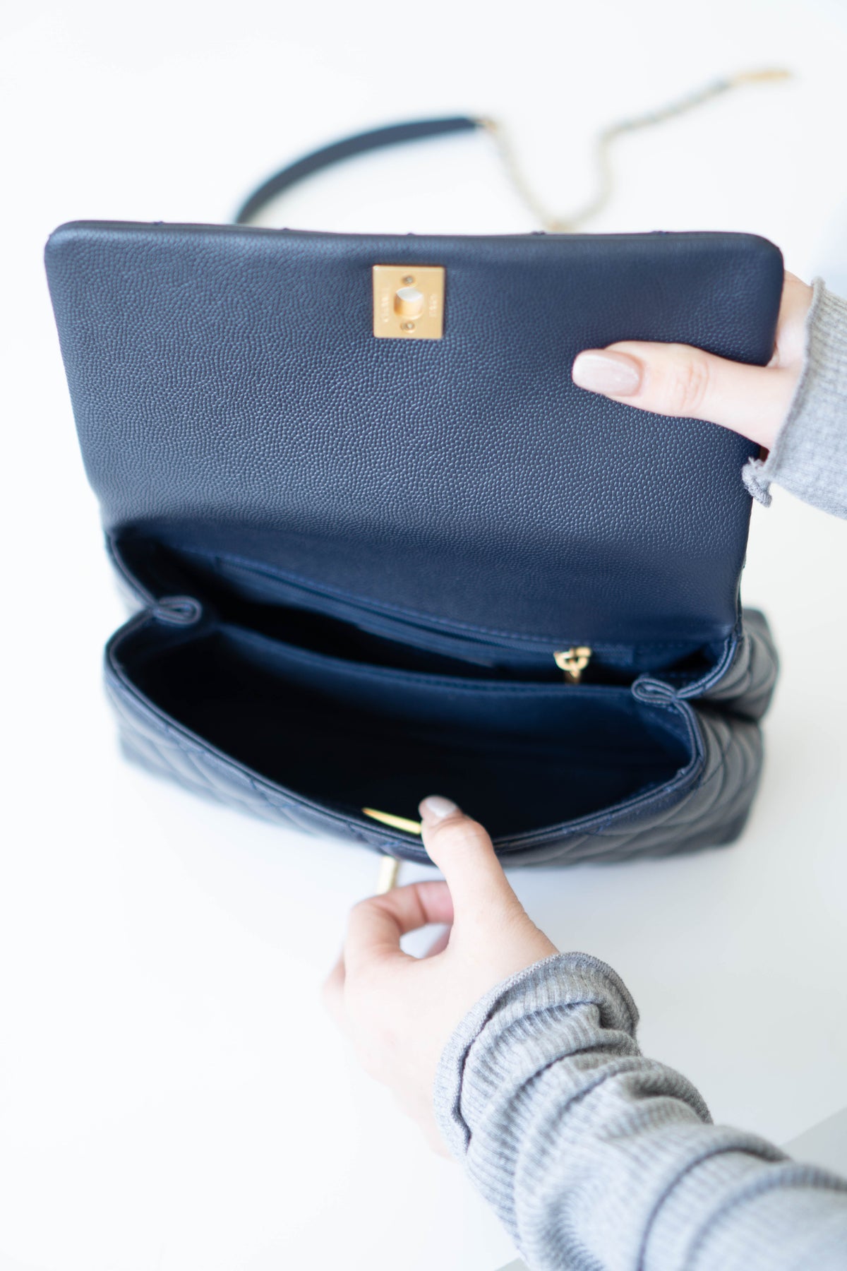 Coco Handle Small Navy Blue Caviar Leather & Snake Skin Handle with Gold Hardware