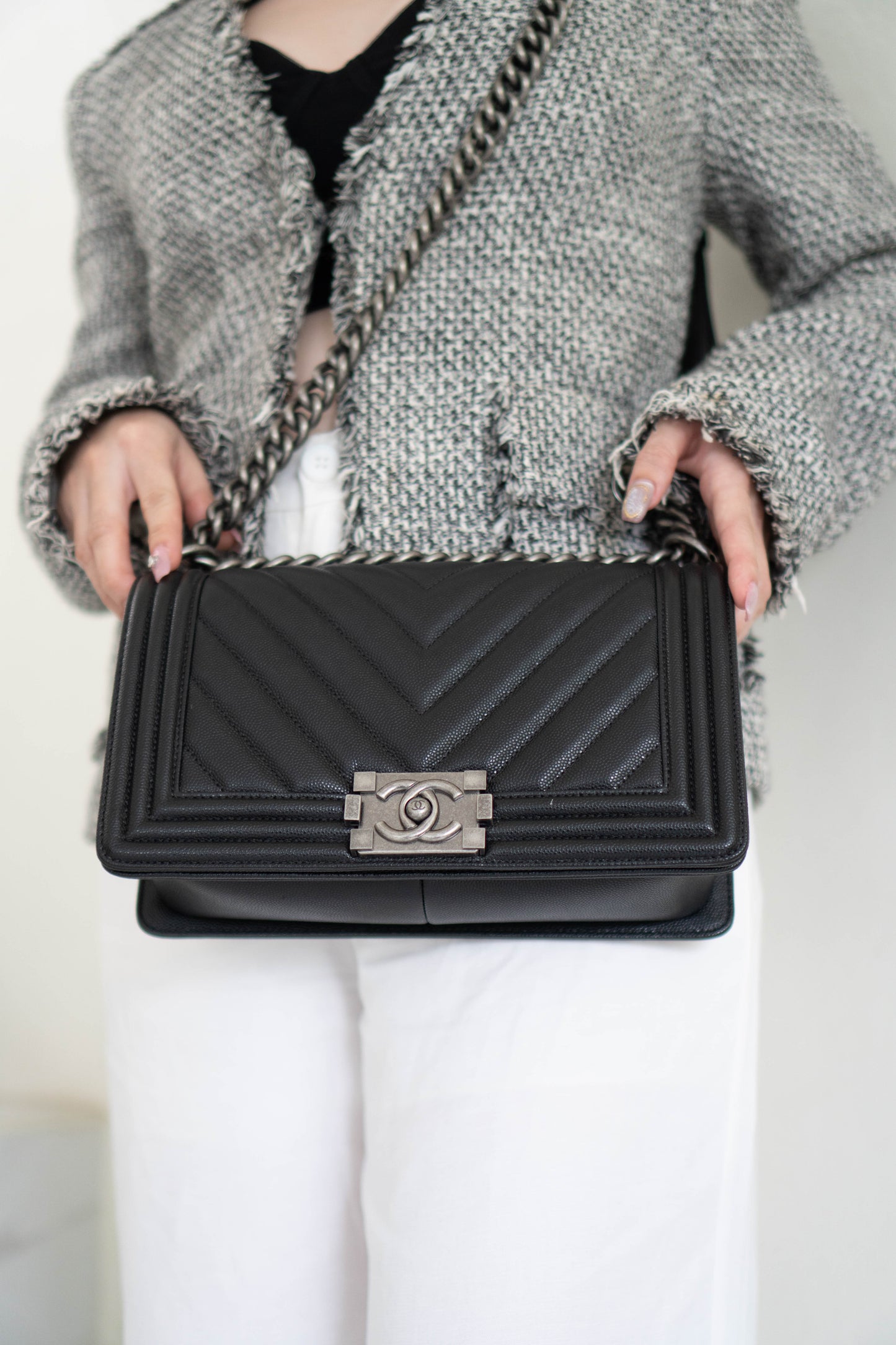 Le Boy Medium in Black Chevron Caviar Leather with Ruthenium Hardware