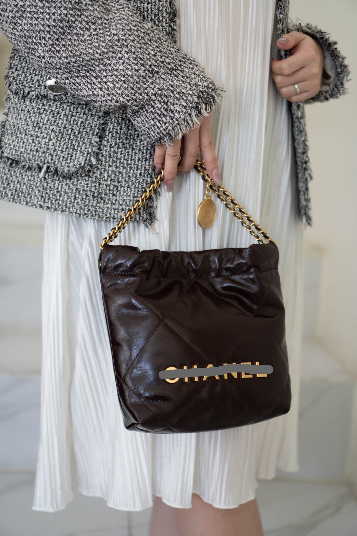 C22 Dark Brown in Mini Shiny Calfskin with Gold Hardware