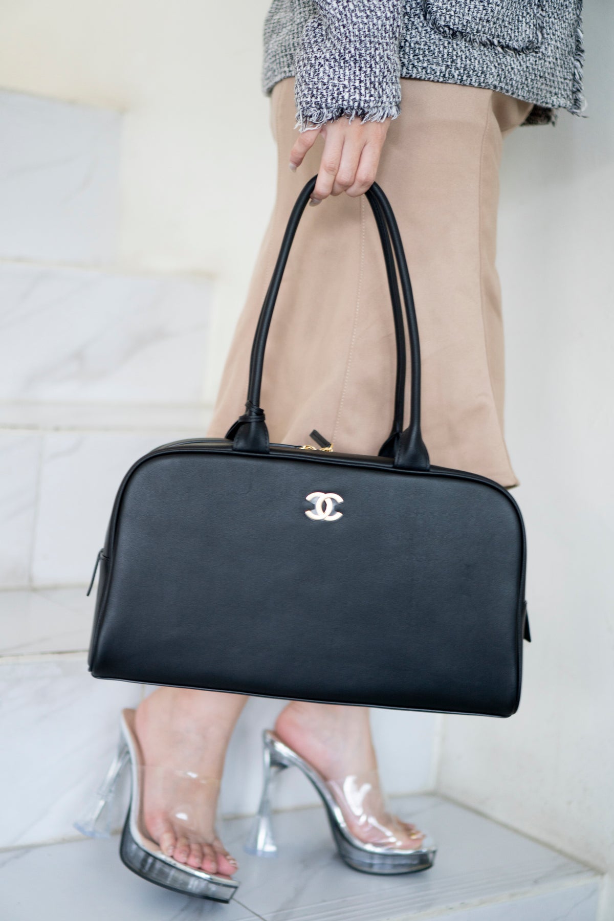 Large Bowling Bag 26S – Black Calfskin with Gold Hardware